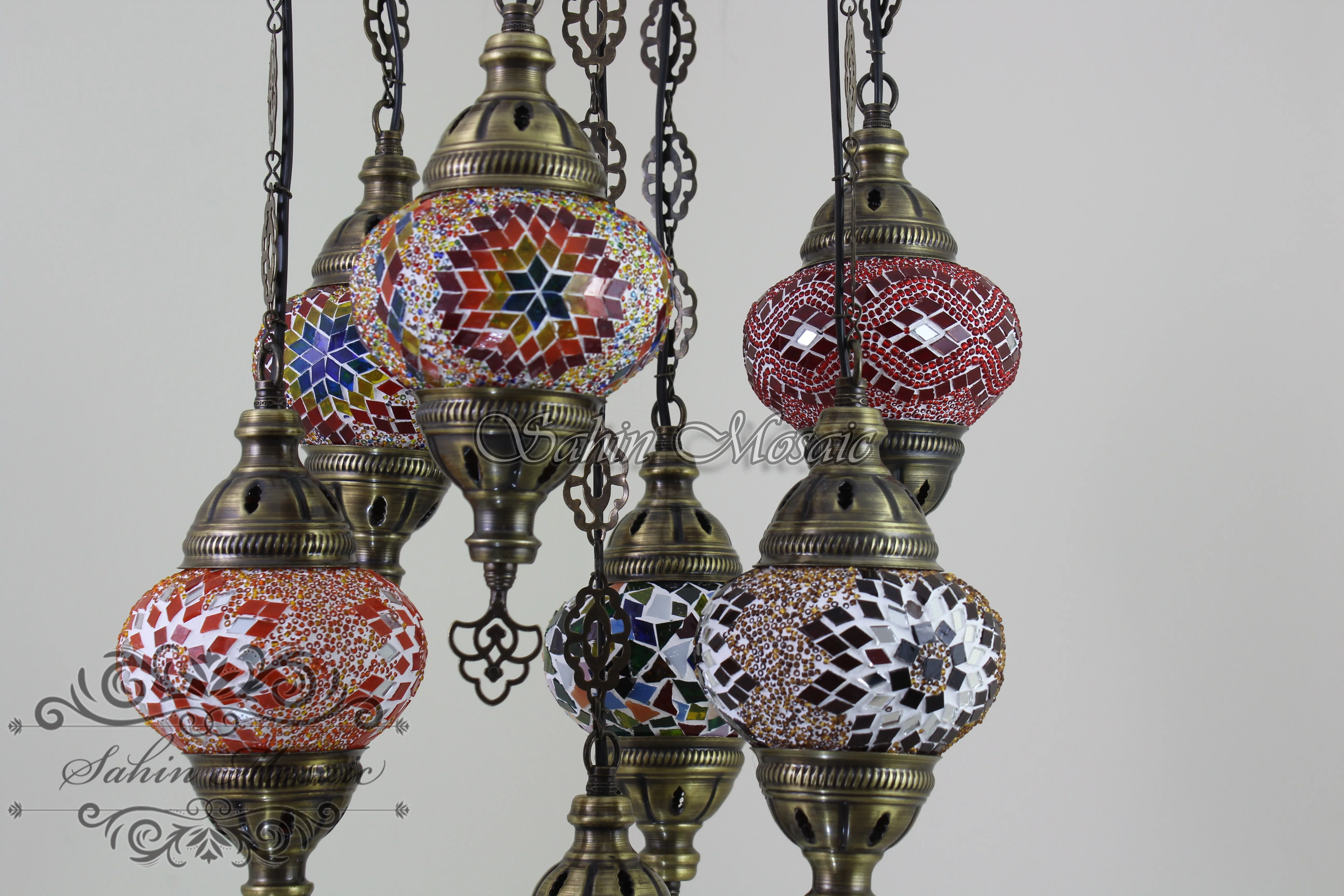 7 Ball Turkish Mosaic Chandelier - Handmade Sultan Design with Medium Globes, ID: S7M-1 - Image 5