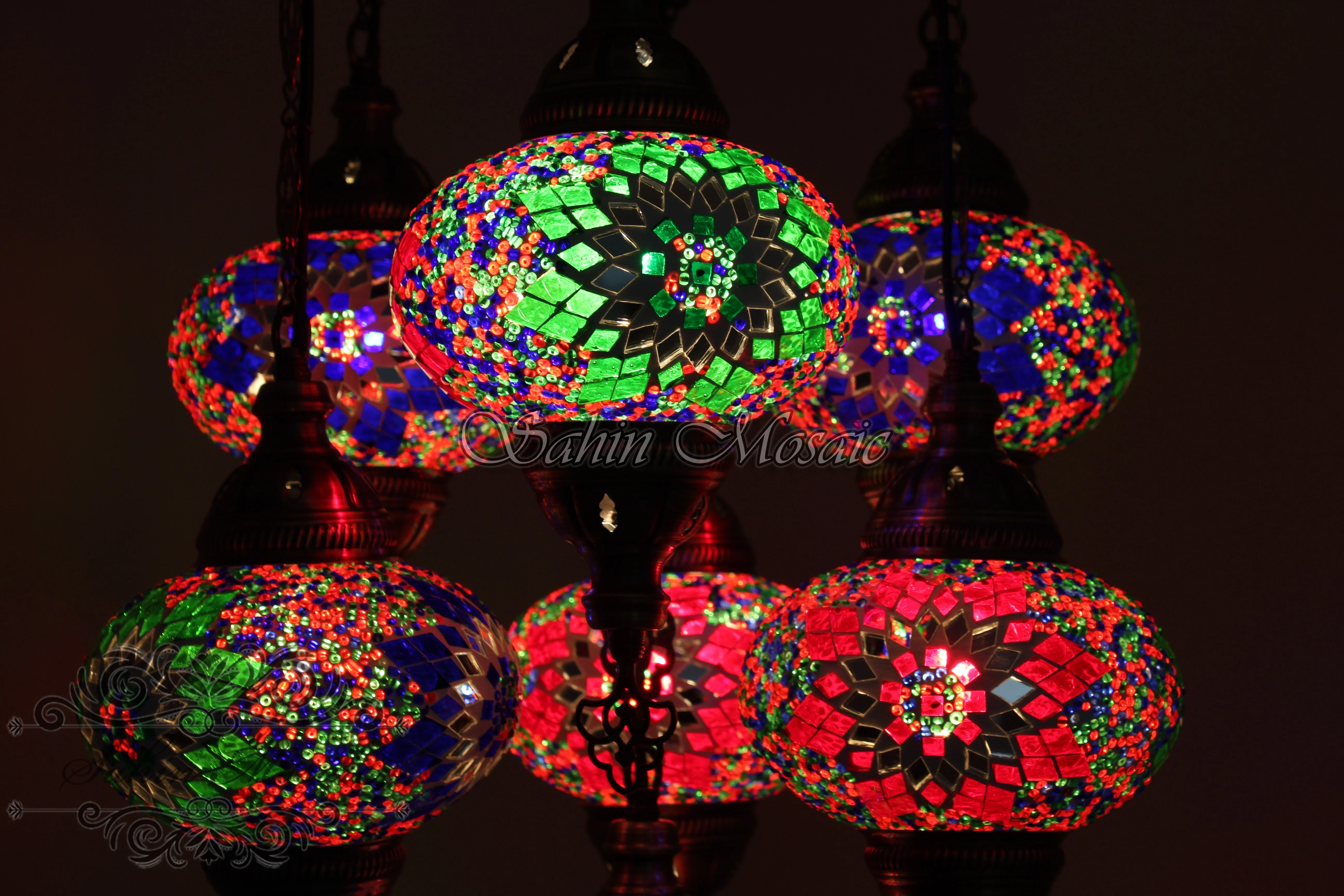 7 Ball Turkish Mosaic Chandelier - Handmade Sultan Design with Large Globes, ID: S7L-9 - Image 3