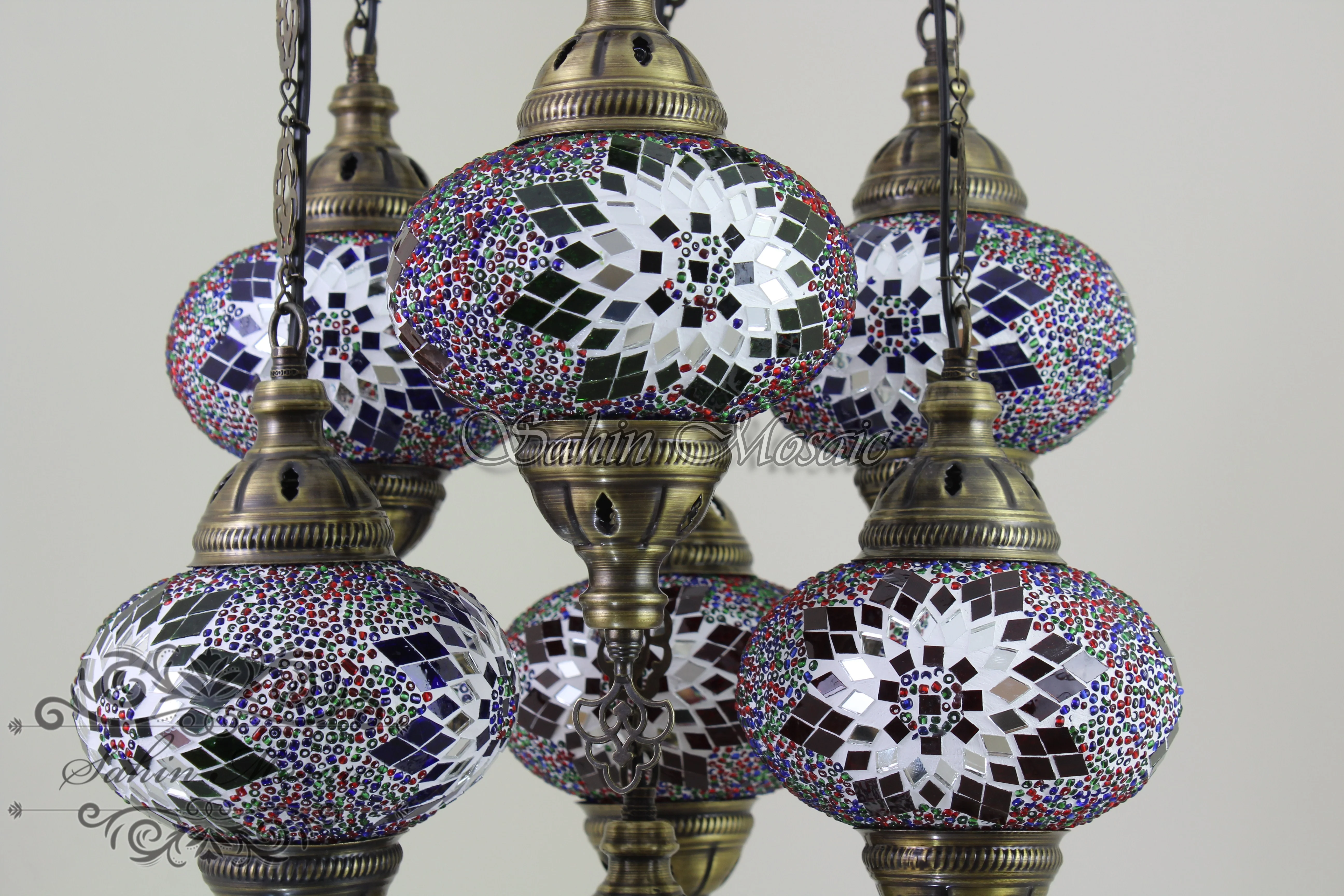 7 Ball Turkish Mosaic Chandelier - Handmade Sultan Design with Large Globes, ID: S7L-9 - Image 4