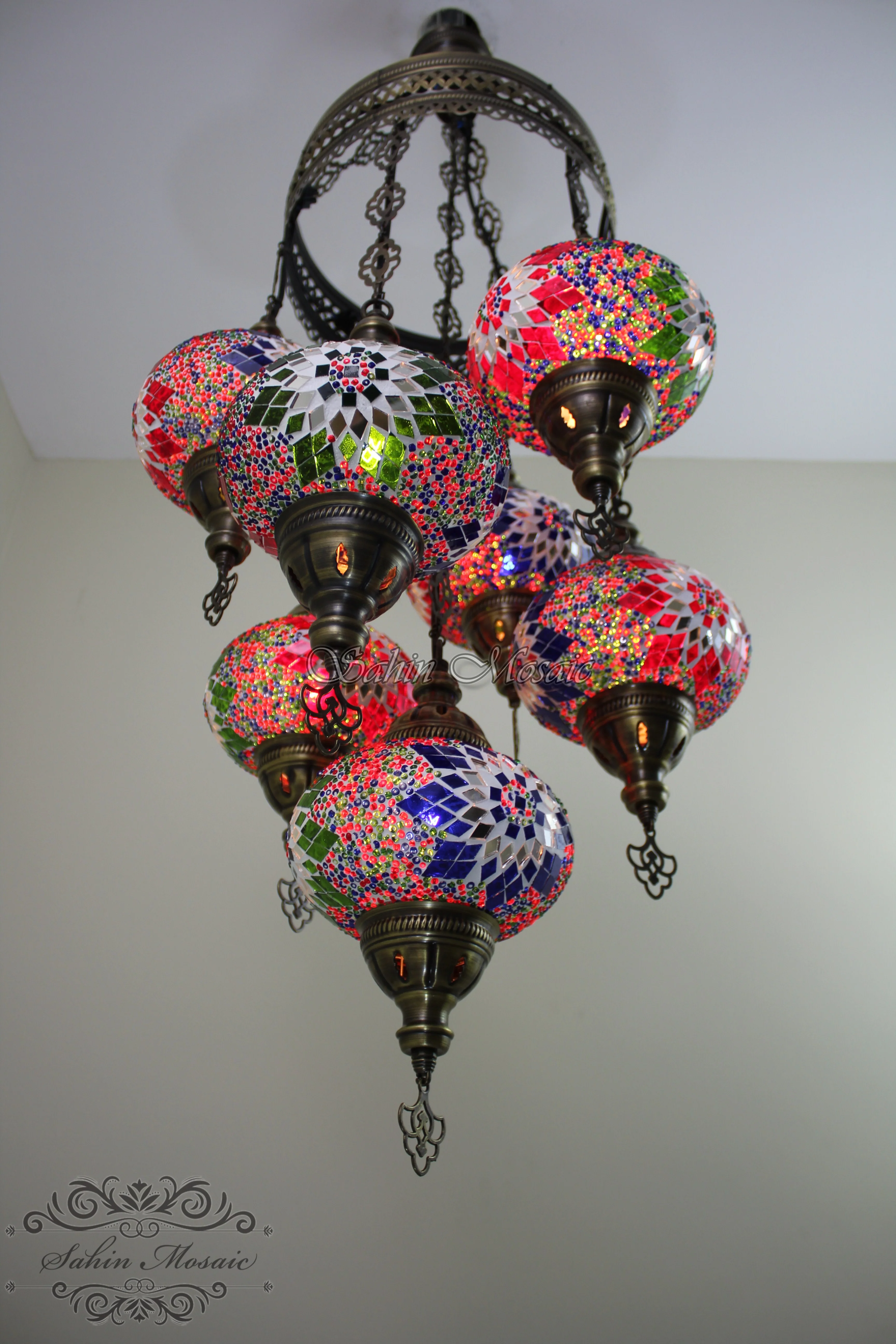 7 Ball Turkish Mosaic Chandelier - Handmade Sultan Design with Large Globes, ID: S7L-9 - Image 5