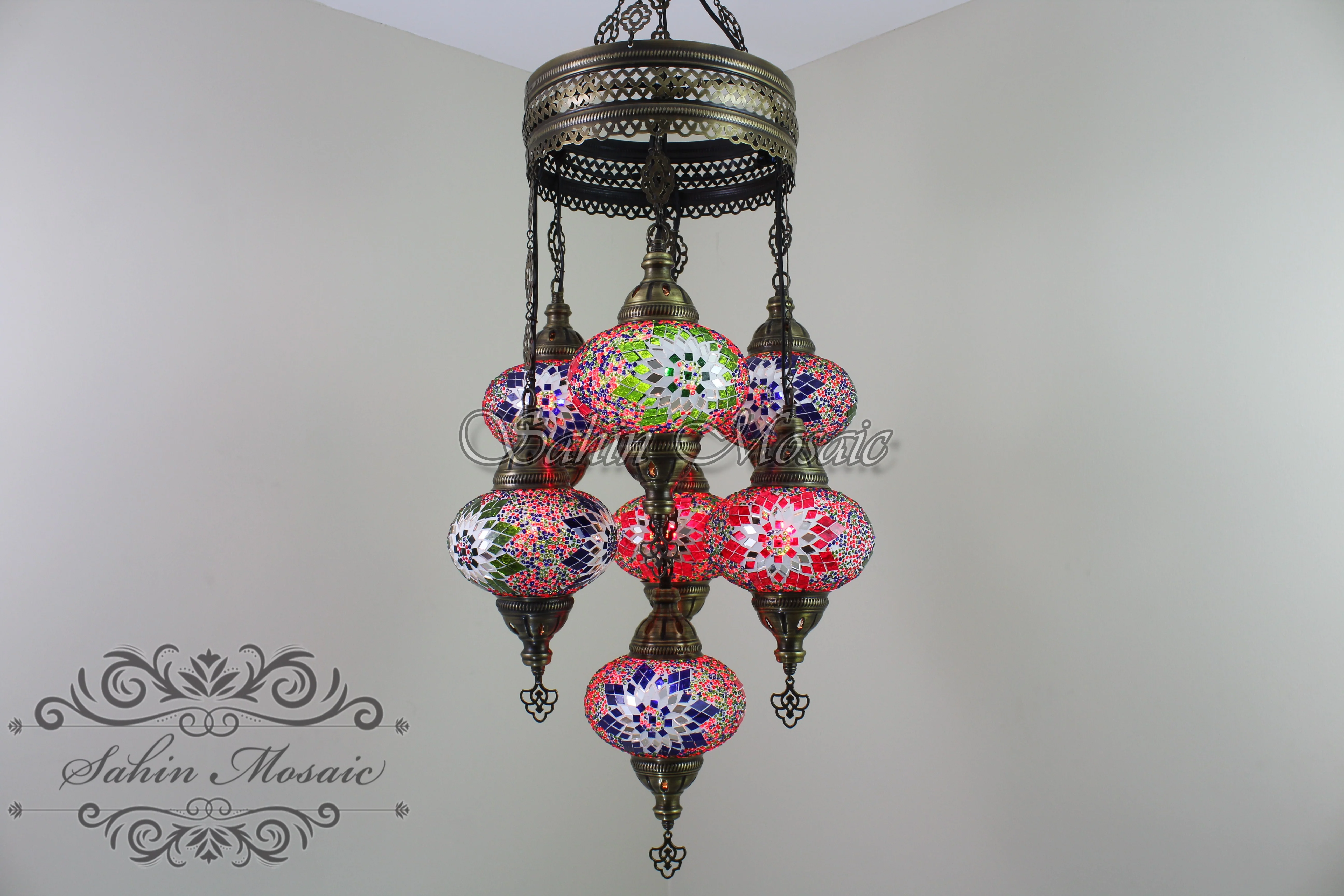 7 Ball Turkish Mosaic Chandelier - Handmade Sultan Design with Large Globes, ID: S7L-9 - Image 6