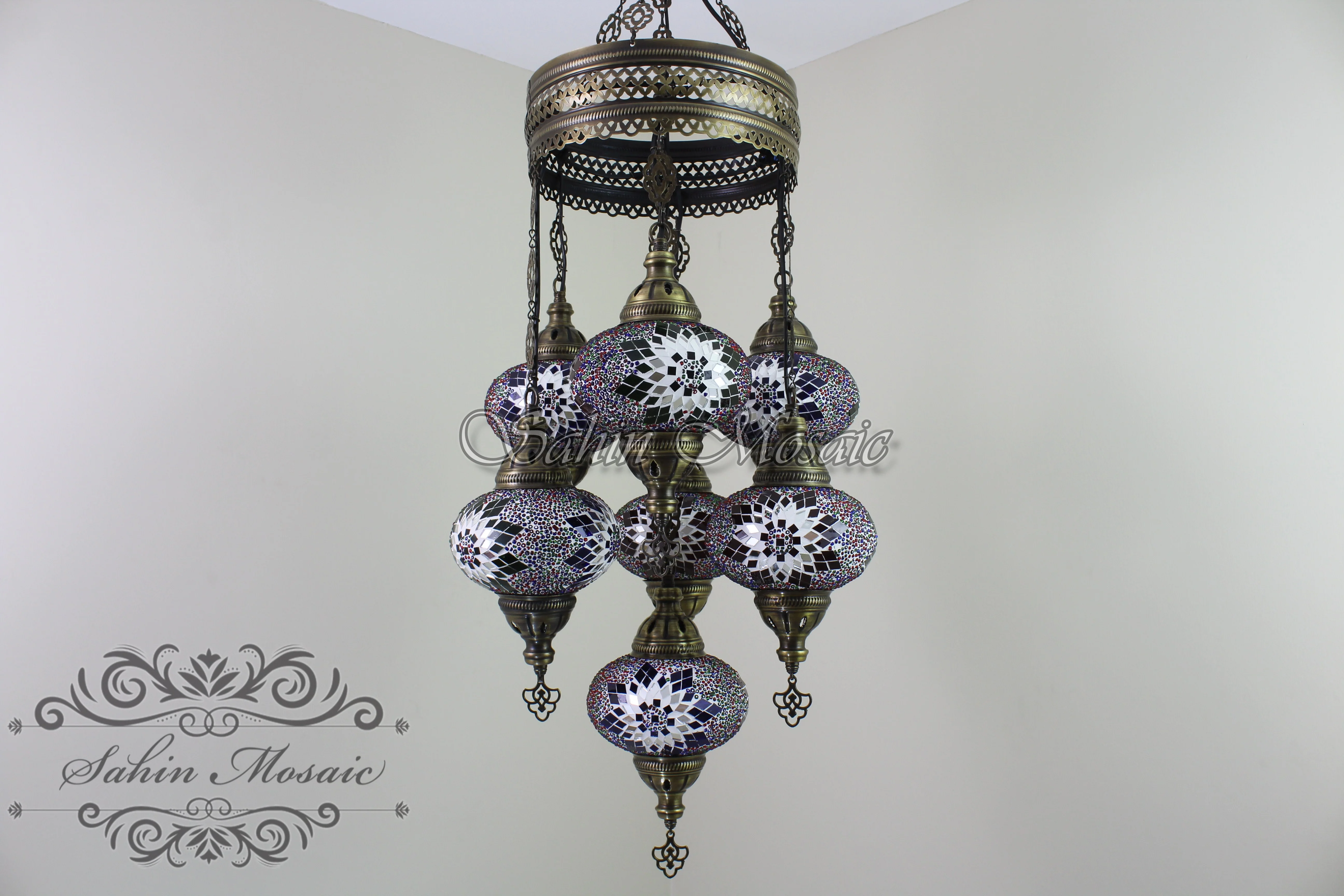 7 Ball Turkish Mosaic Chandelier - Handmade Sultan Design with Large Globes, ID: S7L-9 - Image 7
