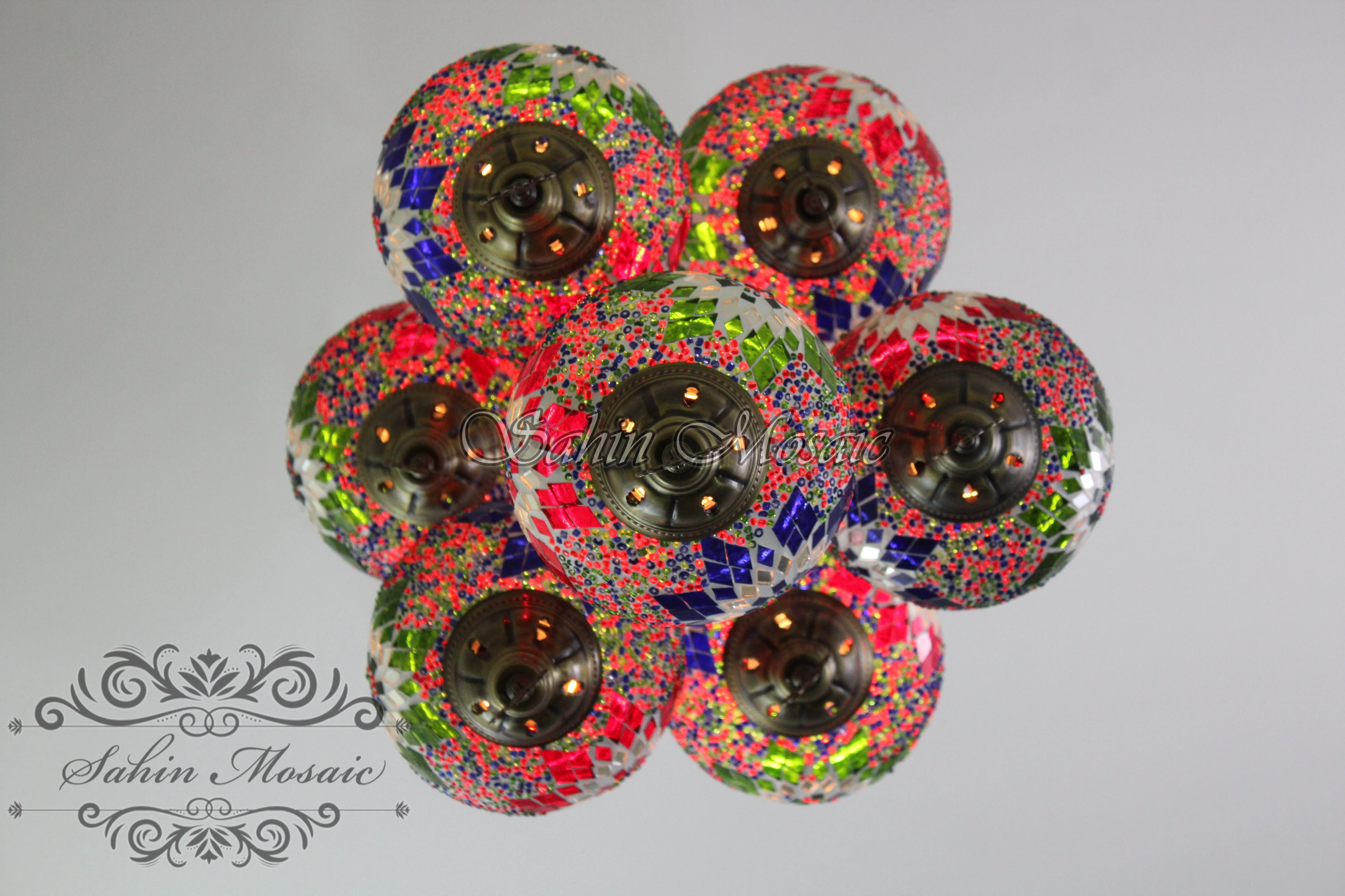 7 Ball Turkish Mosaic Chandelier - Handmade Sultan Design with Large Globes, ID: S7L-9 - Image 8