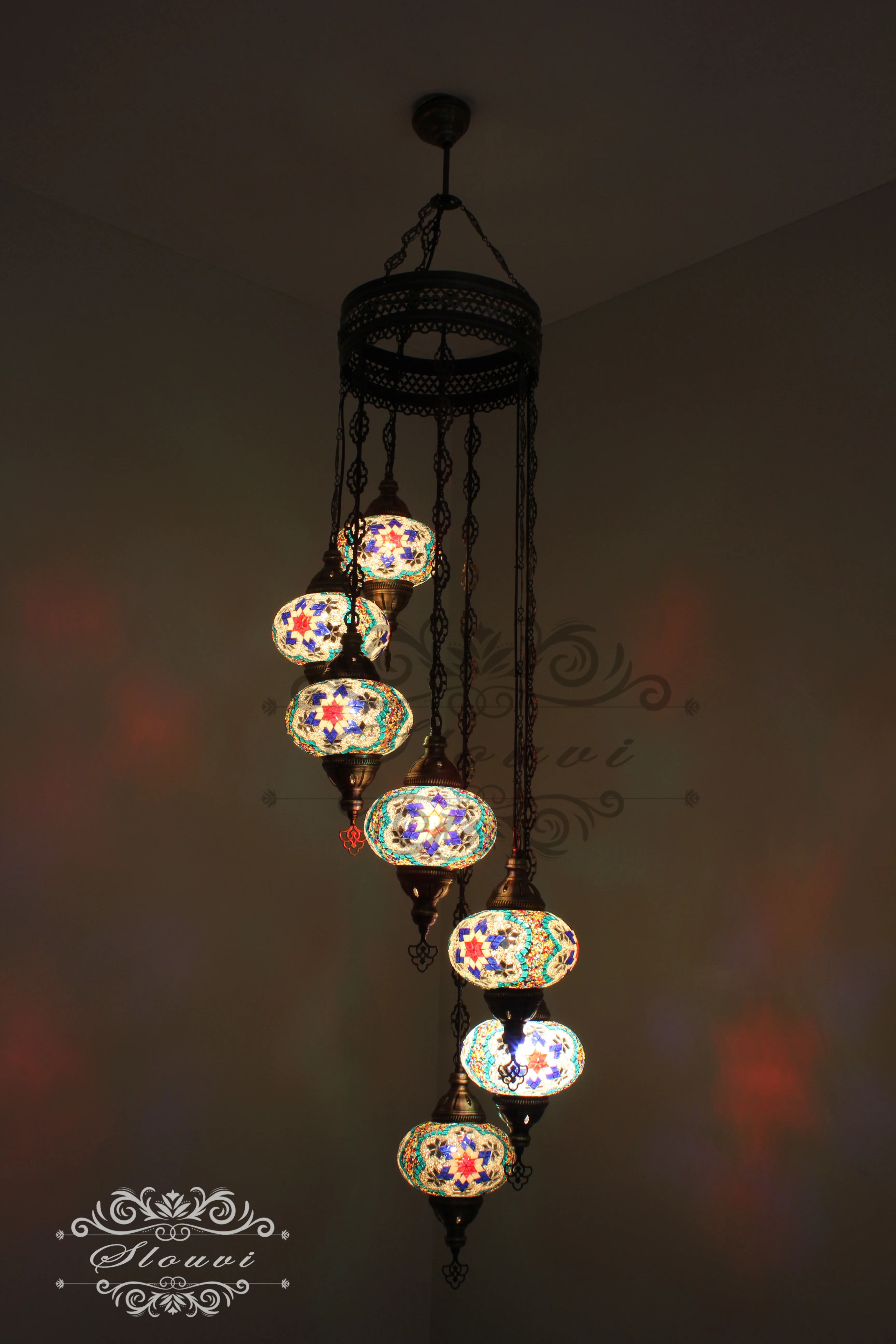7 - BALL TURKISH MOSAIC CHANDELIER, LARGE GLOBES