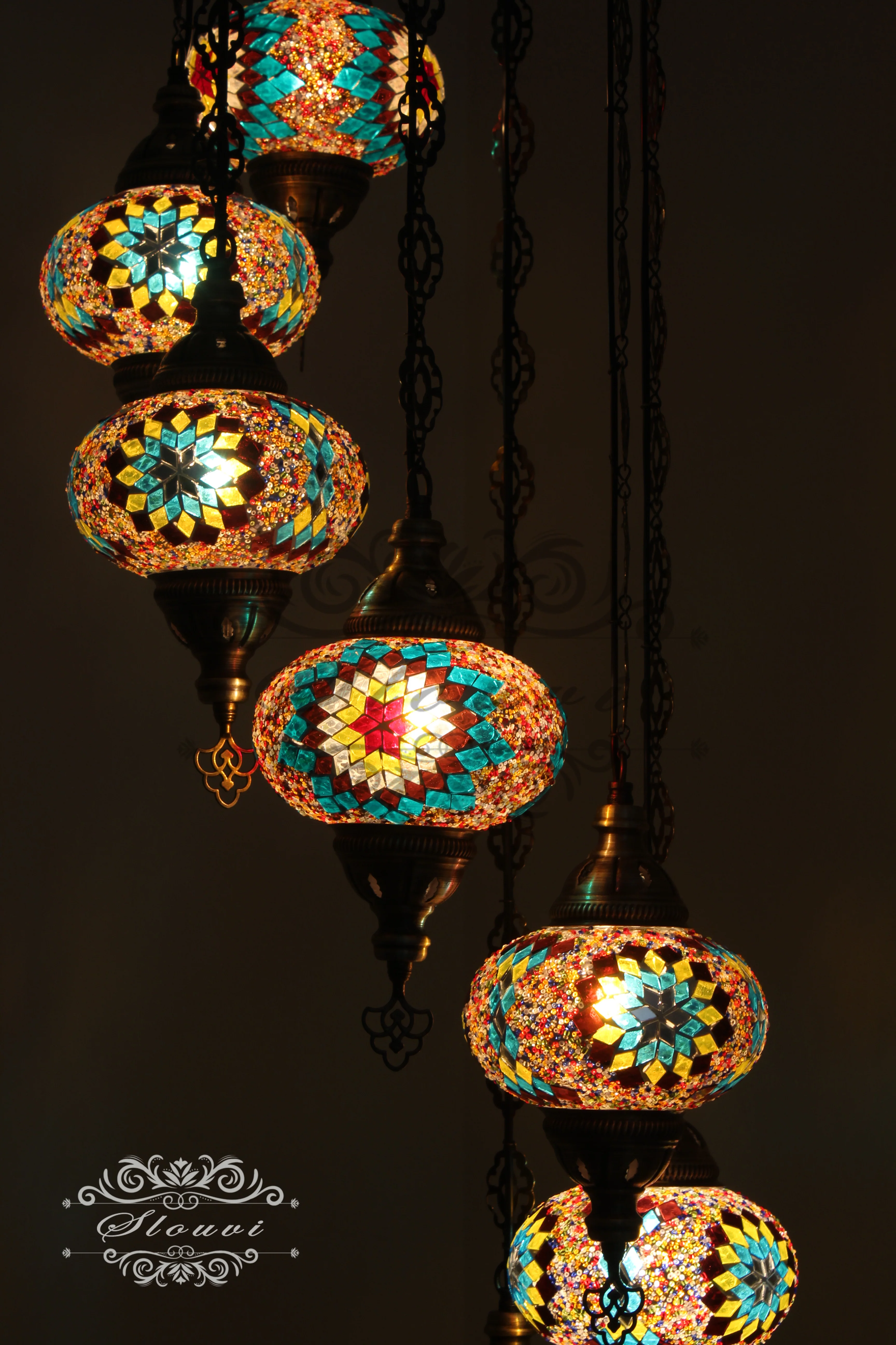 7 - BALL TURKISH MOSAIC CHANDELIER, LARGE GLOBES