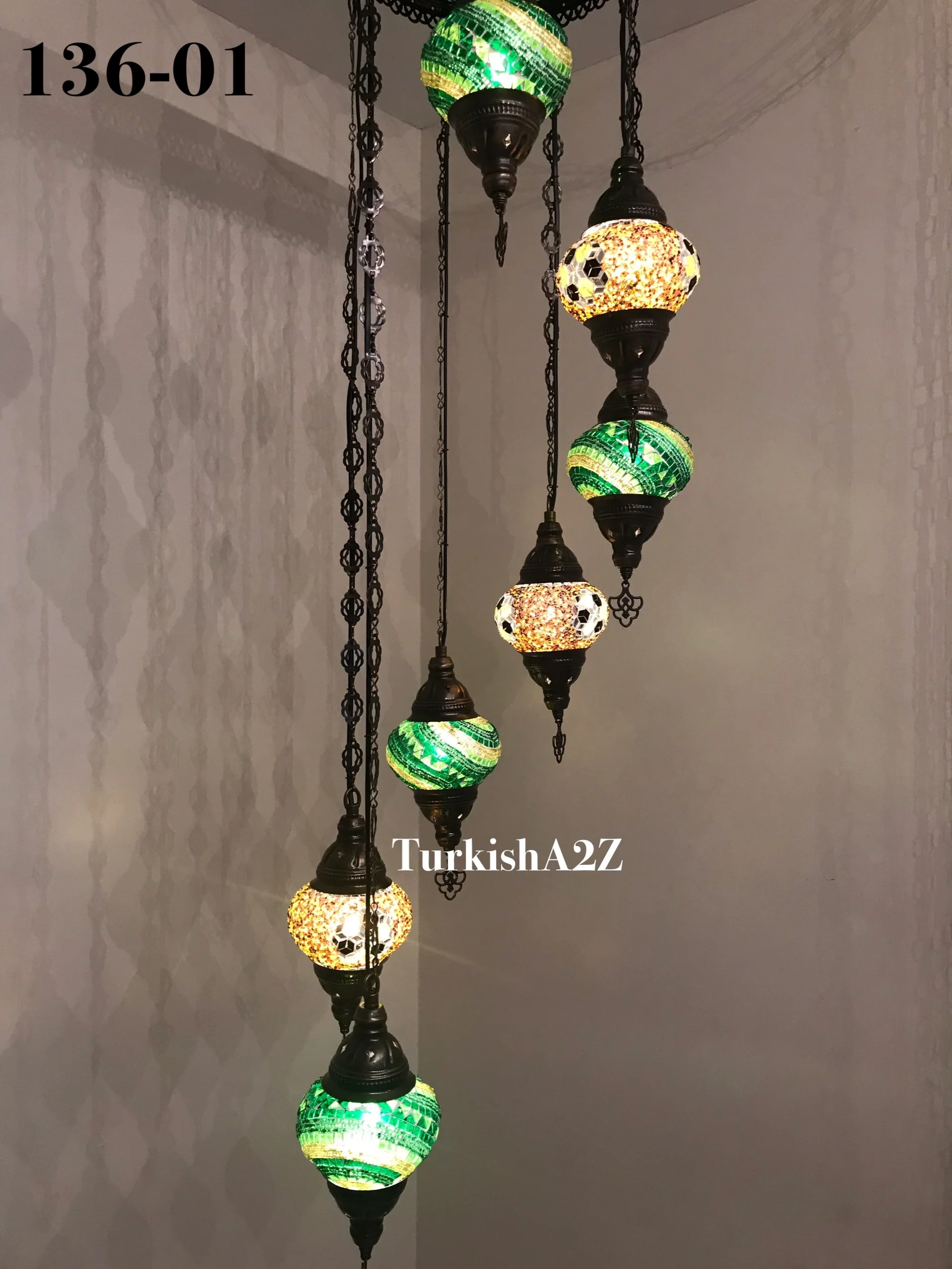 Turkish Mosaic Chandelier with 7 Medium - BALL(Swag Cable Option),ID: 136