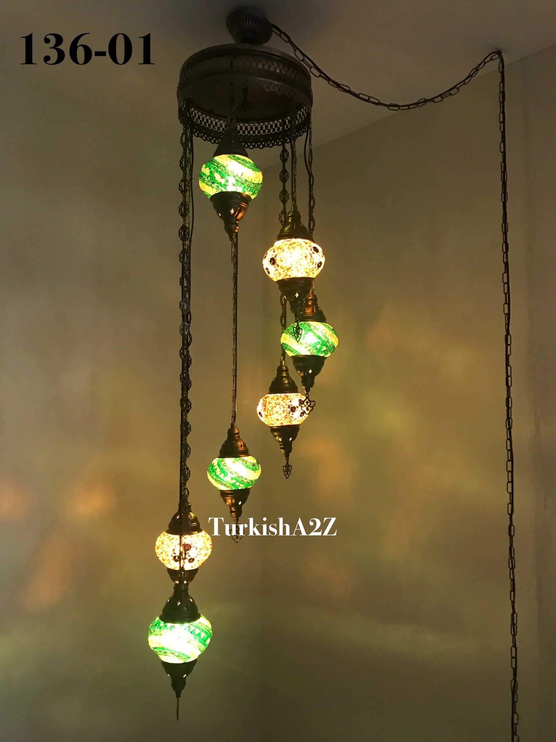 Turkish Mosaic Chandelier with 7 Medium - BALL(Swag Cable Option),ID: 136 - Image 2