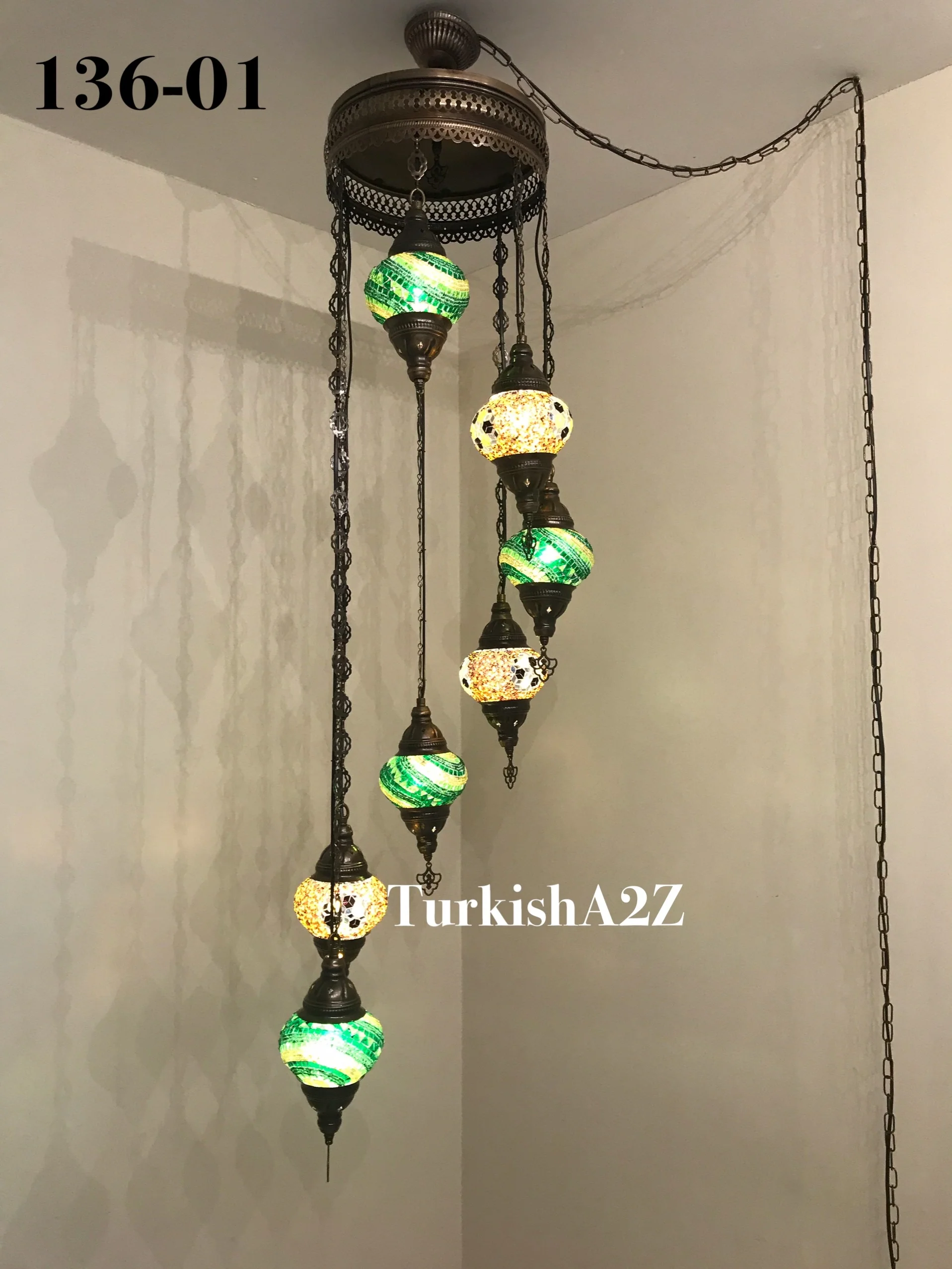 Turkish Mosaic Chandelier with 7 Medium - BALL(Swag Cable Option),ID: 136 - Image 6