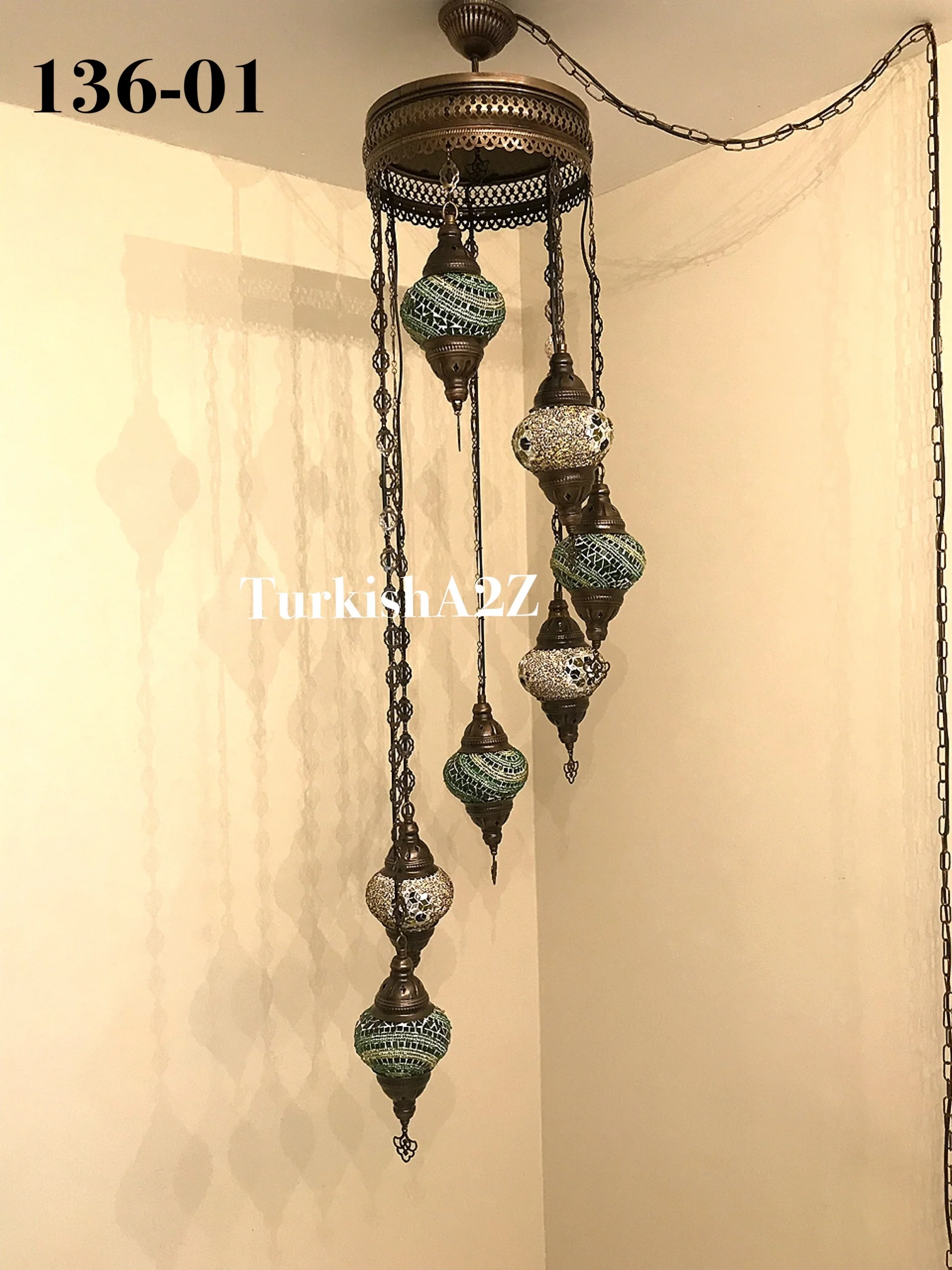 Turkish Mosaic Chandelier with 7 Medium - BALL(Swag Cable Option),ID: 136 - Image 8