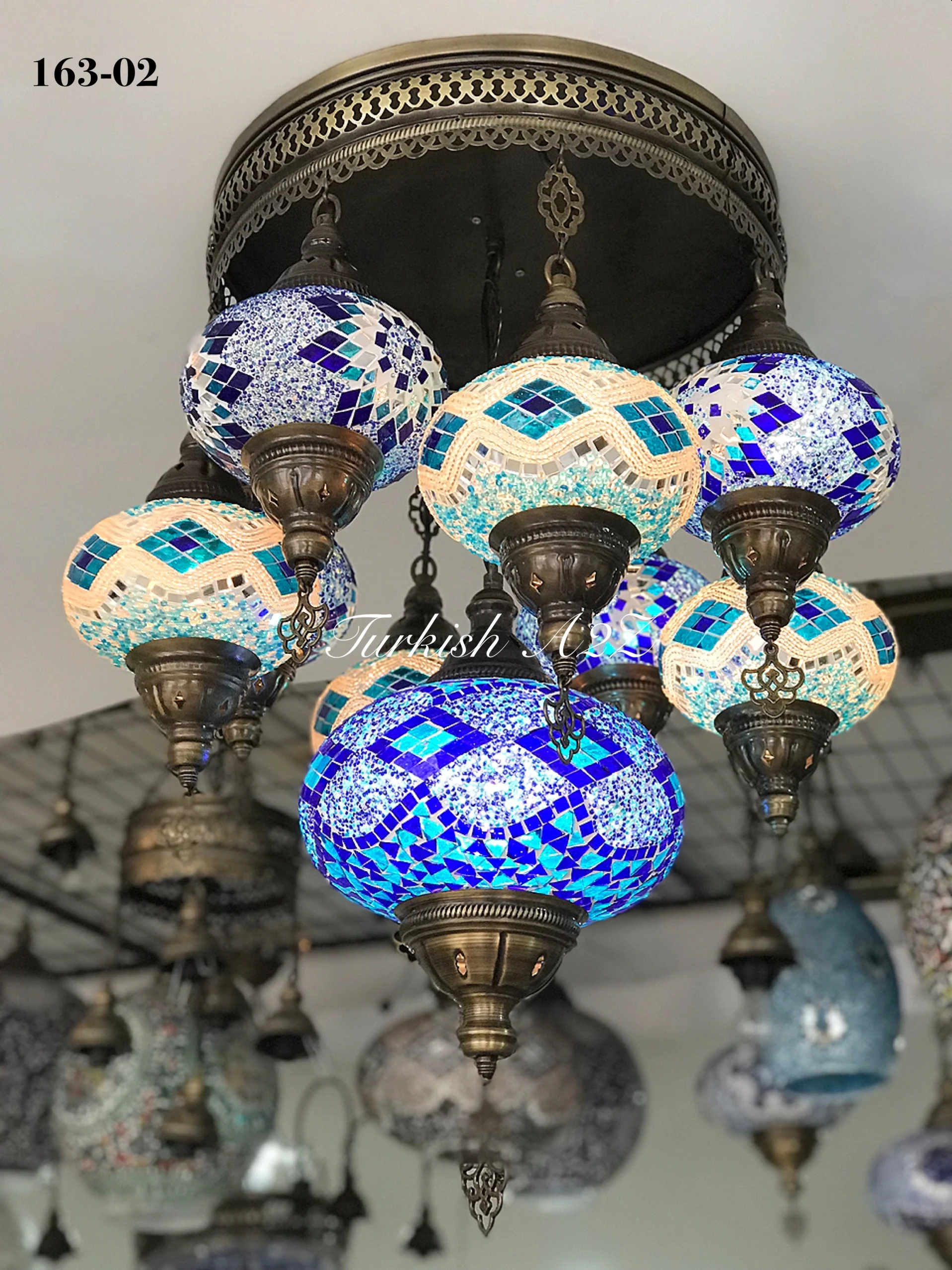 9-Ball Turkish Sultan Flush Mount Chandelier - Large Globes | ID: 9FL-E