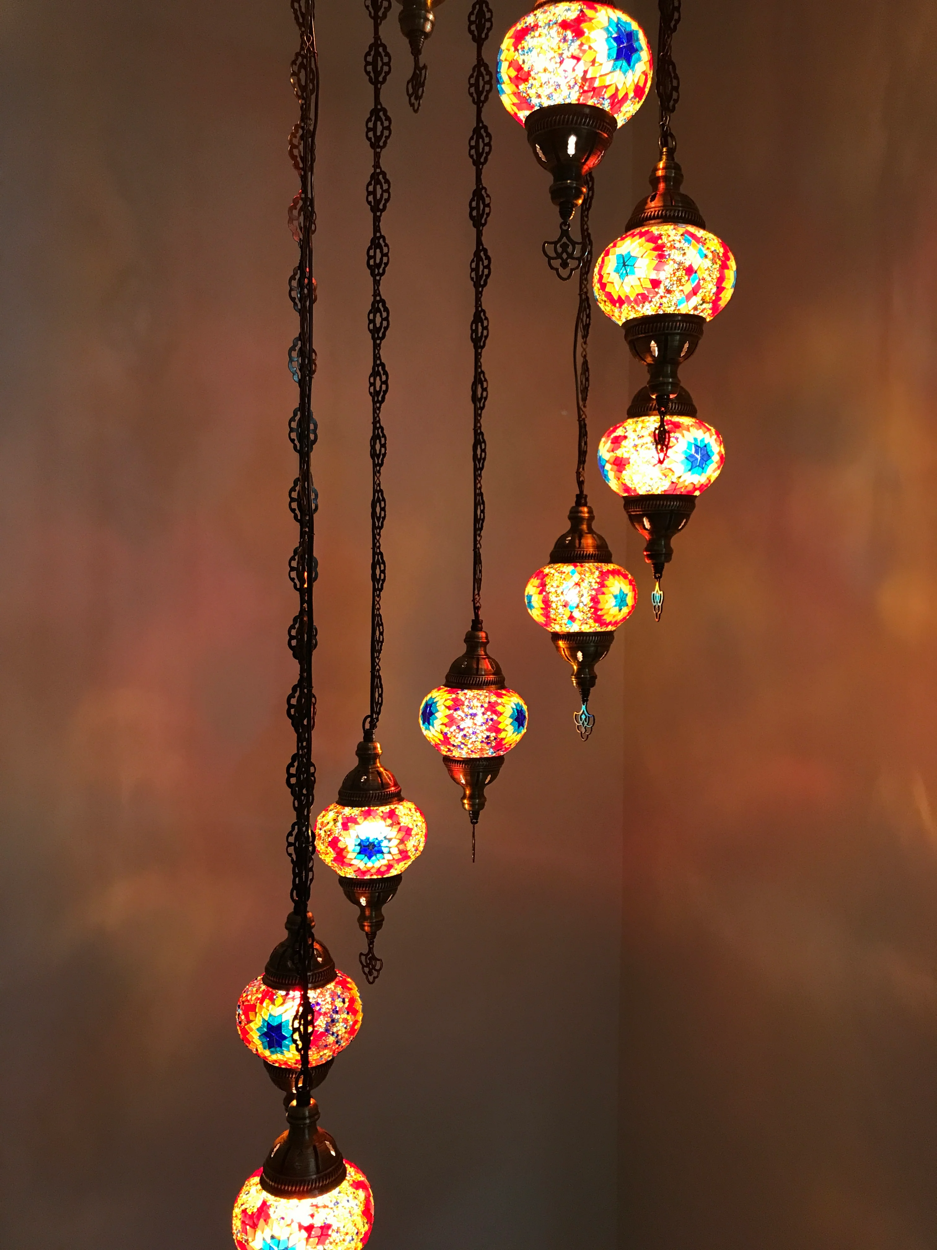 9 Ball Turkish Mosaic Chandelier - Water Drop Design with Medium Globes, ID: 9WM-FIRE - Image 5