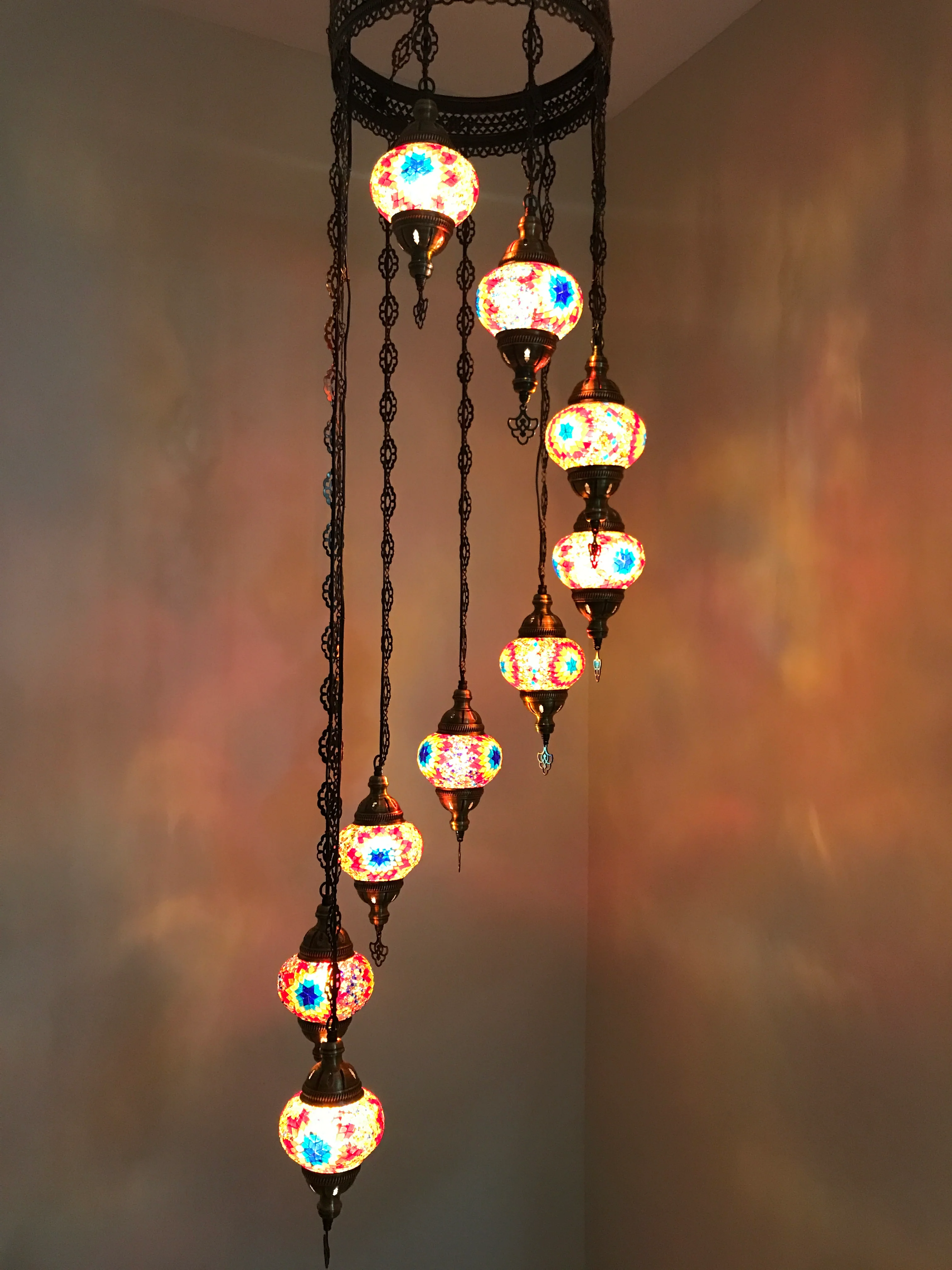 9 Ball Turkish Mosaic Chandelier - Water Drop Design with Medium Globes, ID: 9WM-FIRE - Image 6