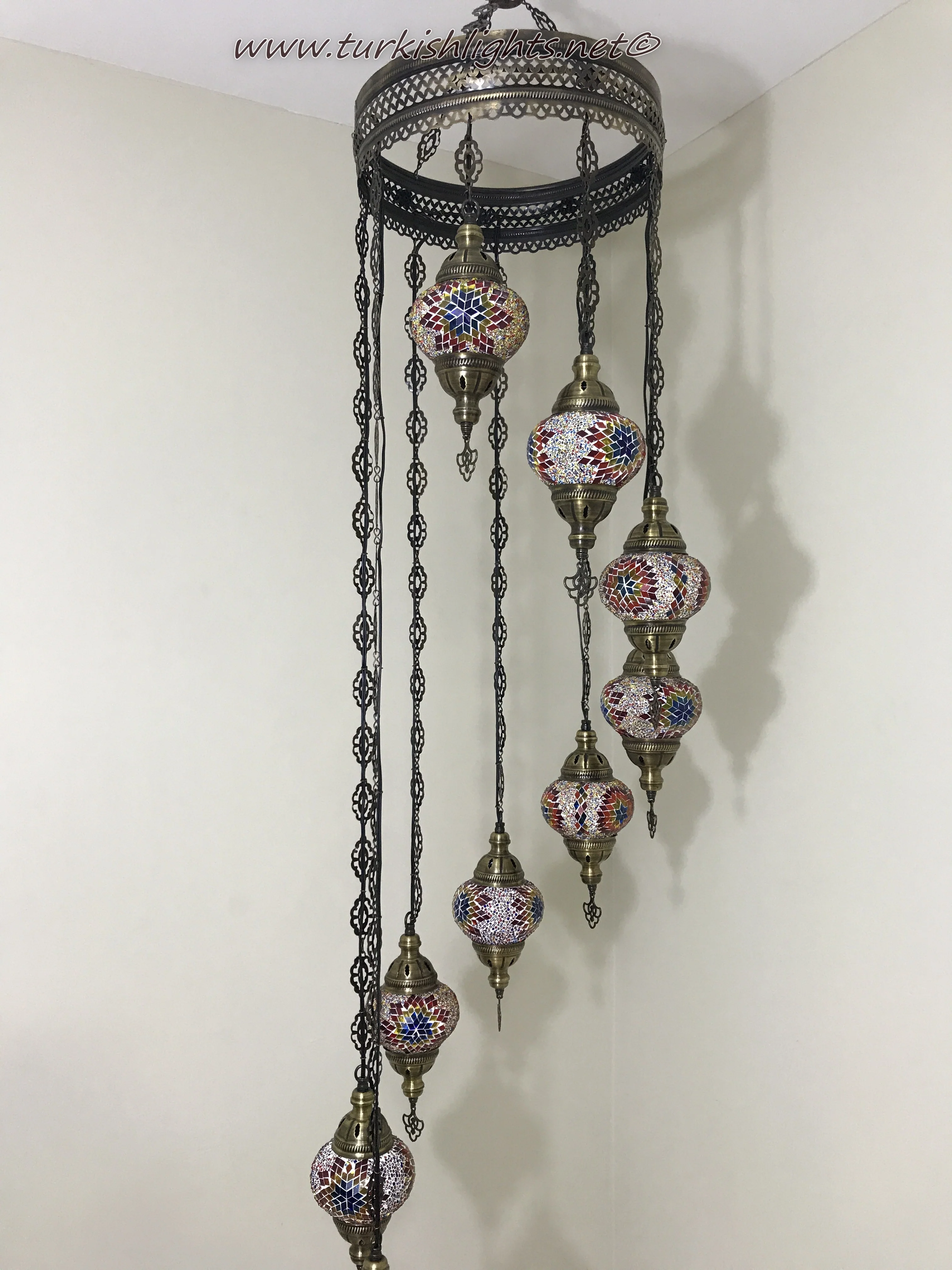 9 Ball Turkish Mosaic Chandelier - Water Drop Design with Medium Globes, ID: 9WM-FIRE - Image 10