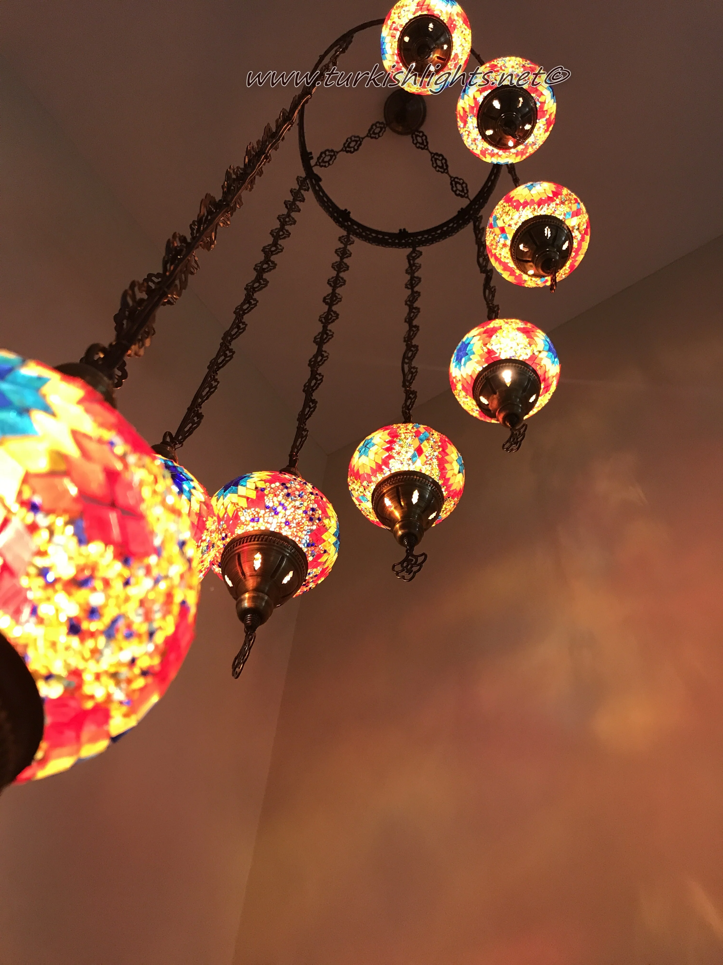 9 Ball Turkish Mosaic Chandelier - Water Drop Design with Medium Globes, ID: 9WM-FIRE - Image 3