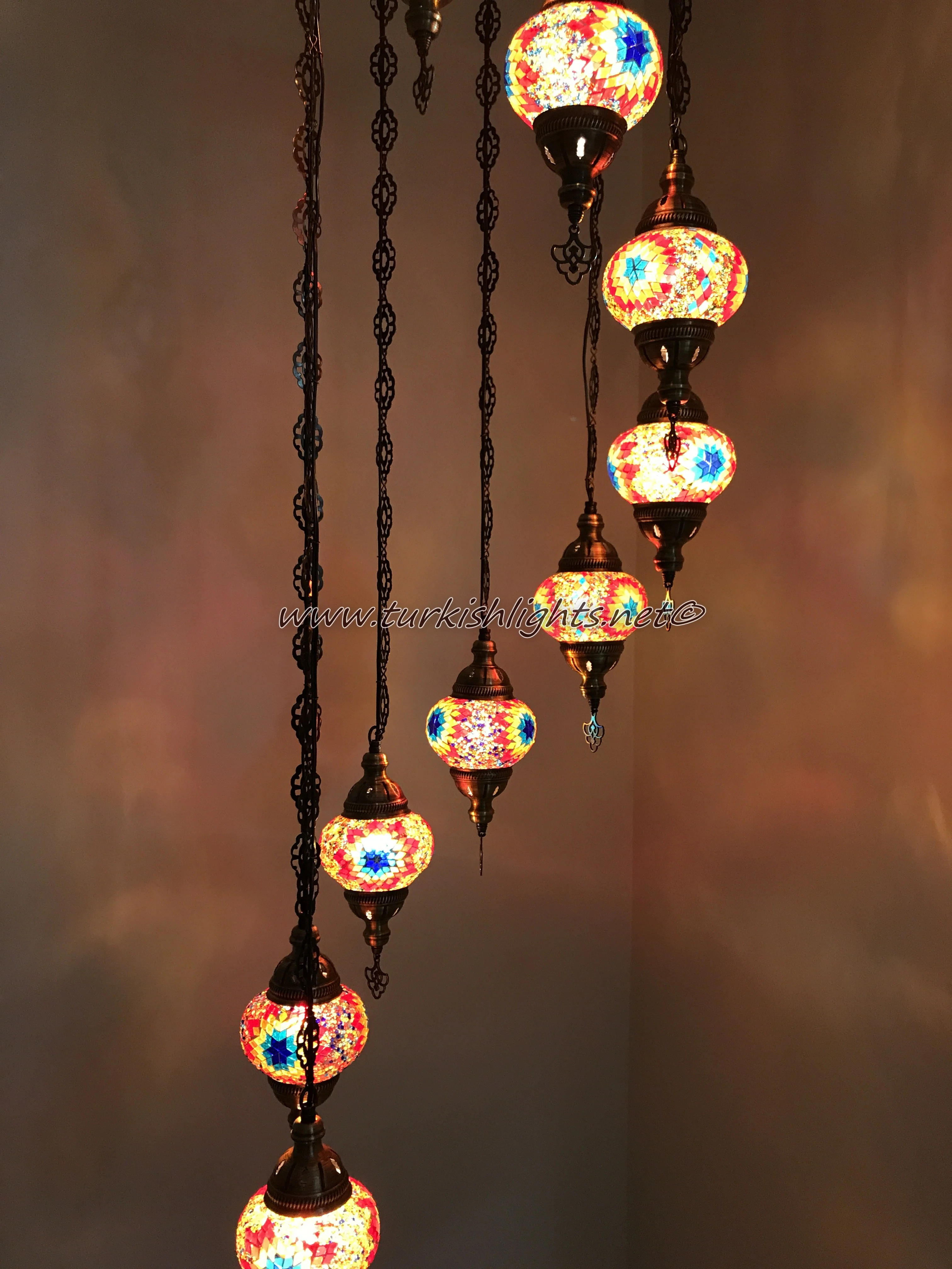 9 Ball Turkish Mosaic Chandelier - Water Drop Design with Medium Globes, ID: 9WM-FIRE - Image 4