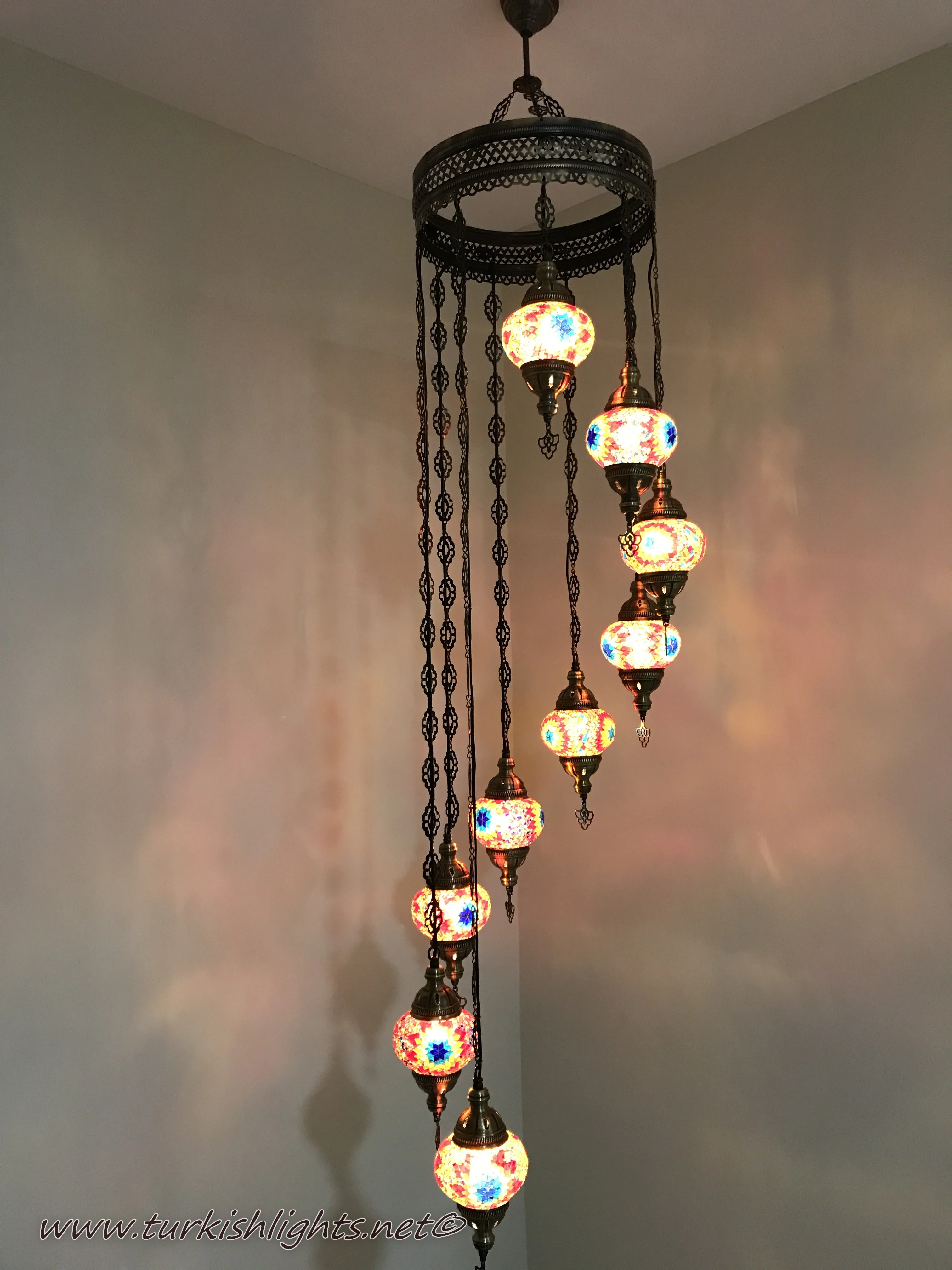 9 Ball Turkish Mosaic Chandelier - Water Drop Design with Medium Globes, ID: 9WM-FIRE - Image 5
