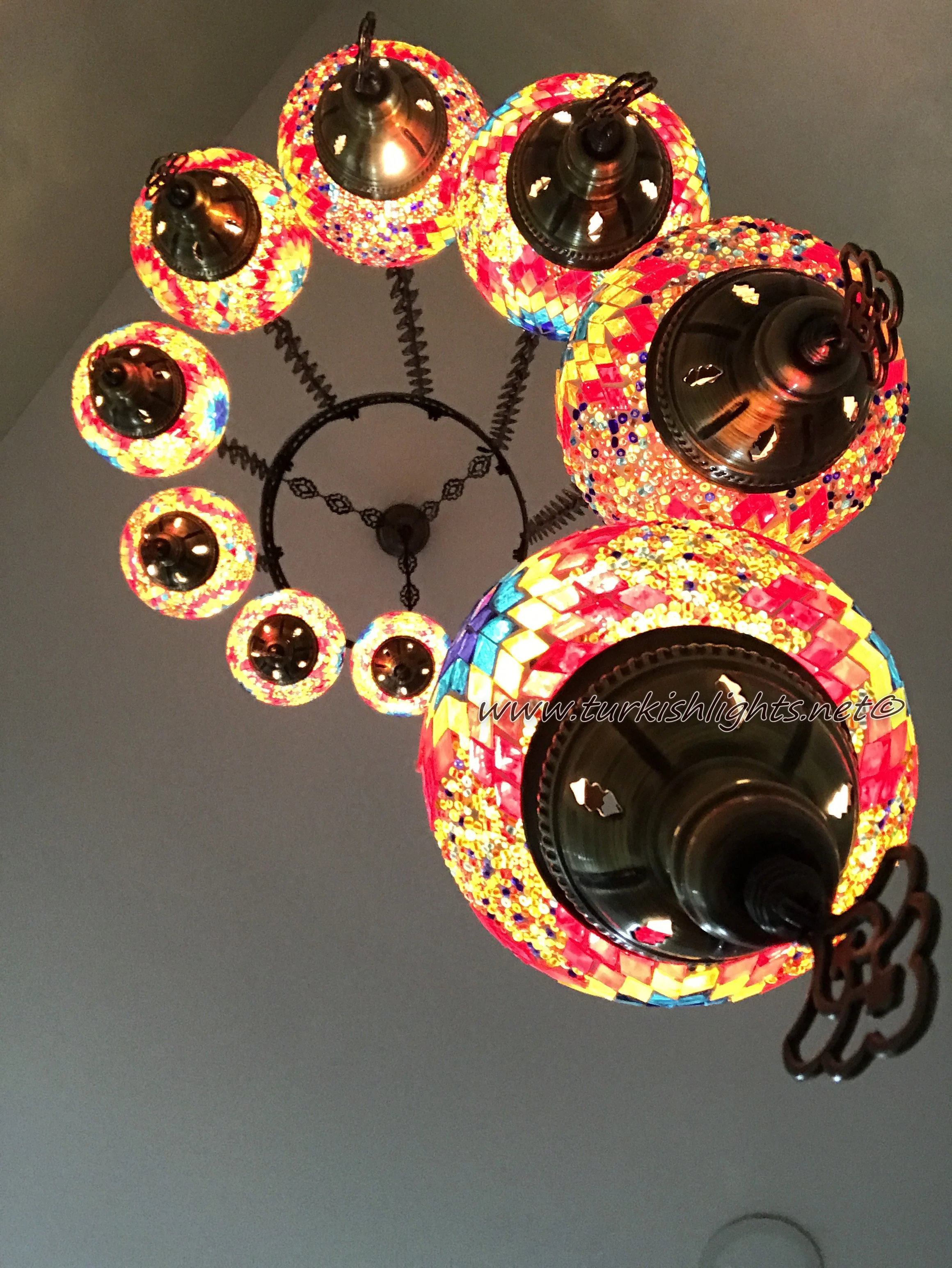 9 Ball Turkish Mosaic Chandelier - Water Drop Design with Medium Globes, ID: 9WM-FIRE - Image 6