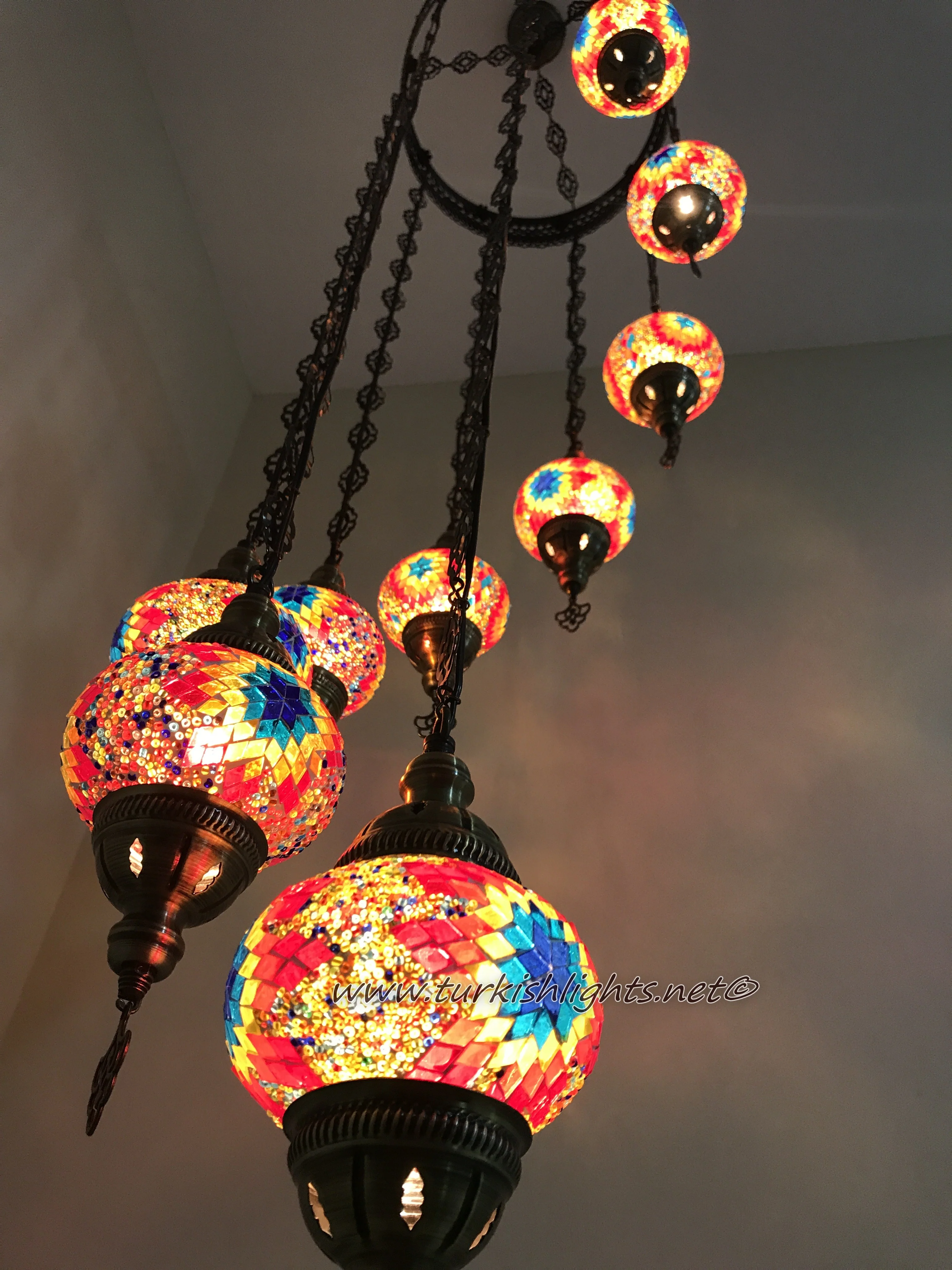 9 Ball Turkish Mosaic Chandelier - Water Drop Design with Medium Globes, ID: 9WM-FIRE - Image 7