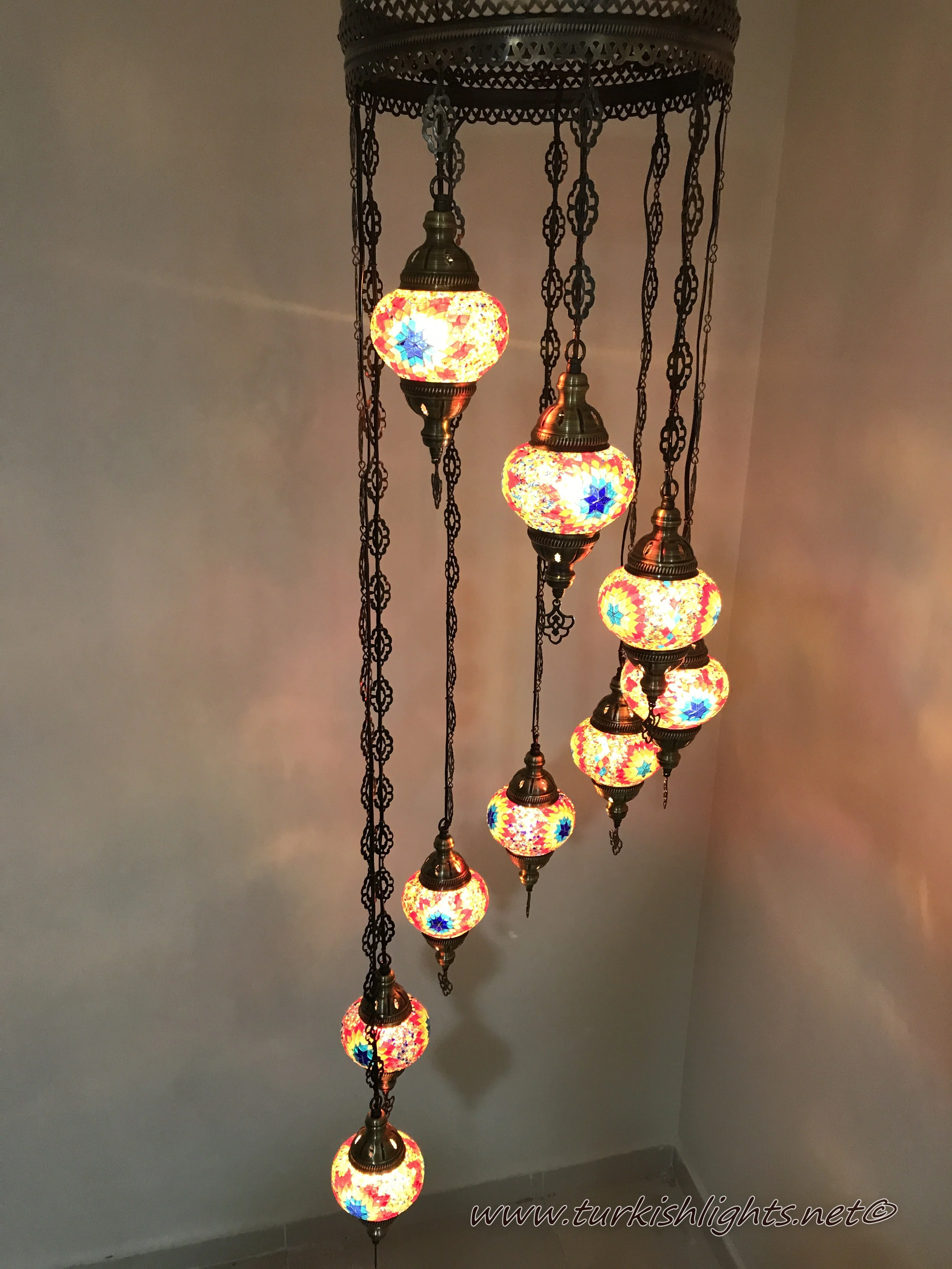 9 Ball Turkish Mosaic Chandelier - Water Drop Design with Medium Globes, ID: 9WM-FIRE - Image 8