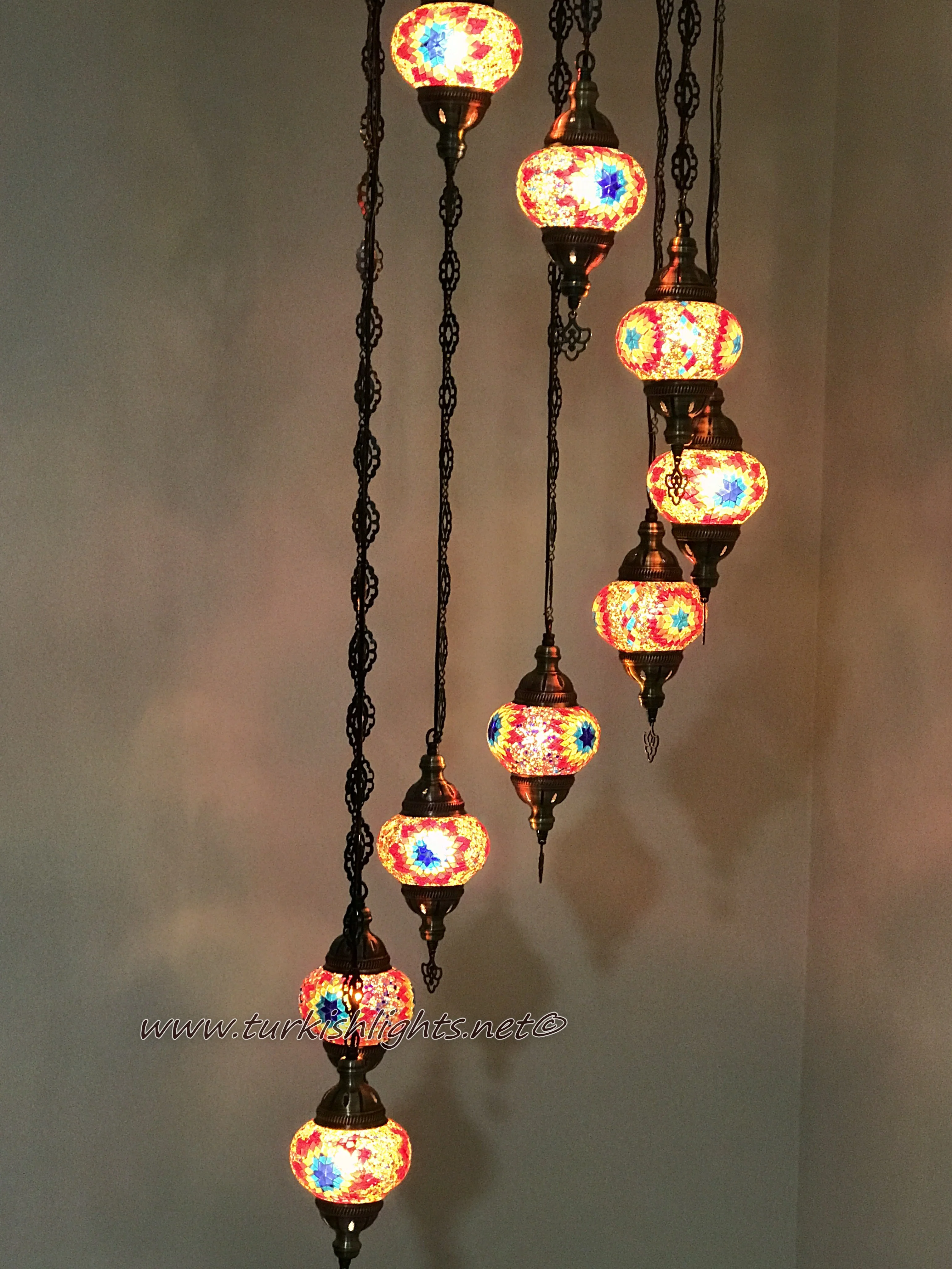 9 Ball Turkish Mosaic Chandelier - Water Drop Design with Medium Globes, ID: 9WM-FIRE - Image 9