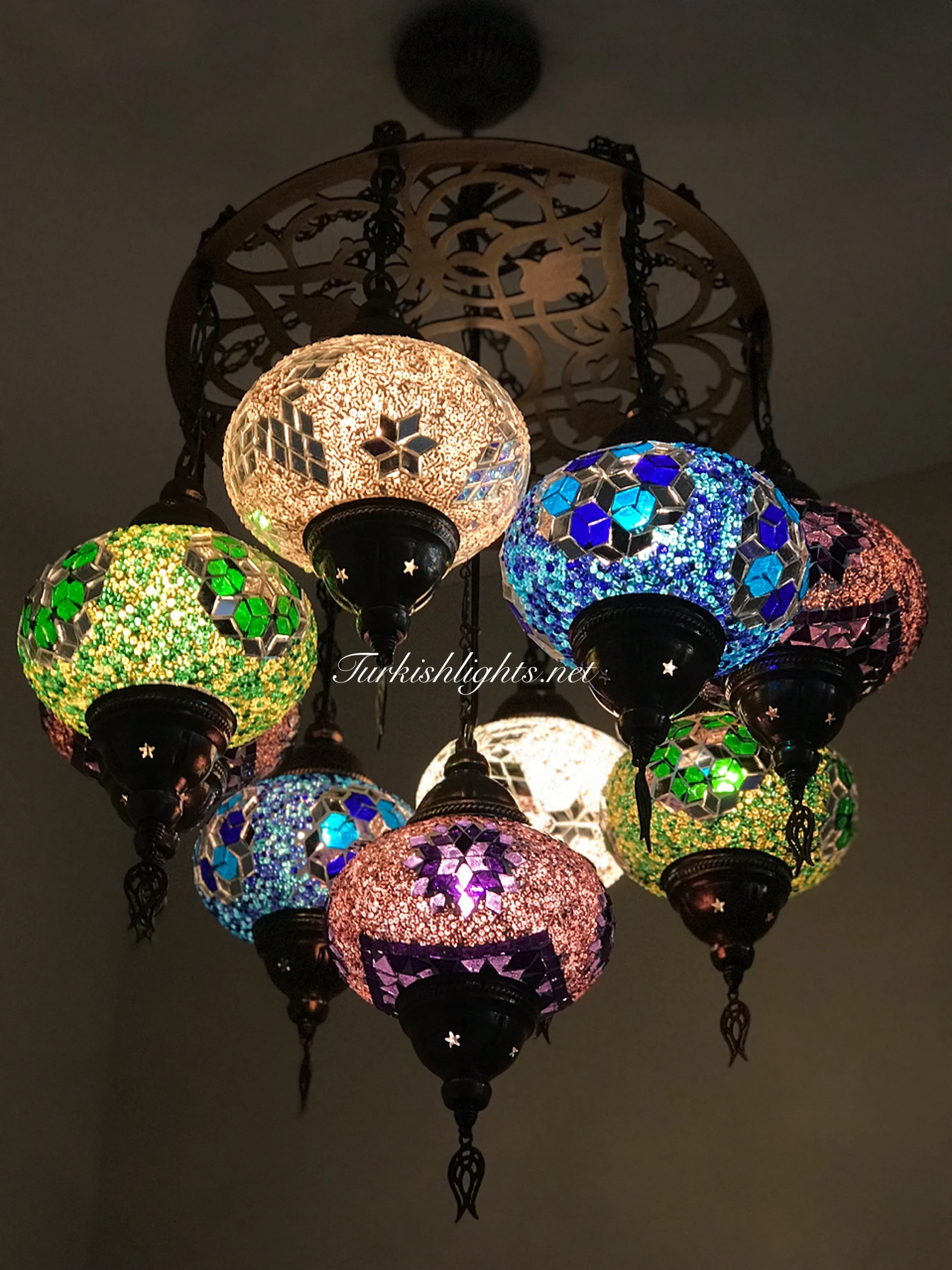 9-BALL Turkish Sultan Mosaic Chandelier With (LARGE) GLOBES , ID:LZ9L