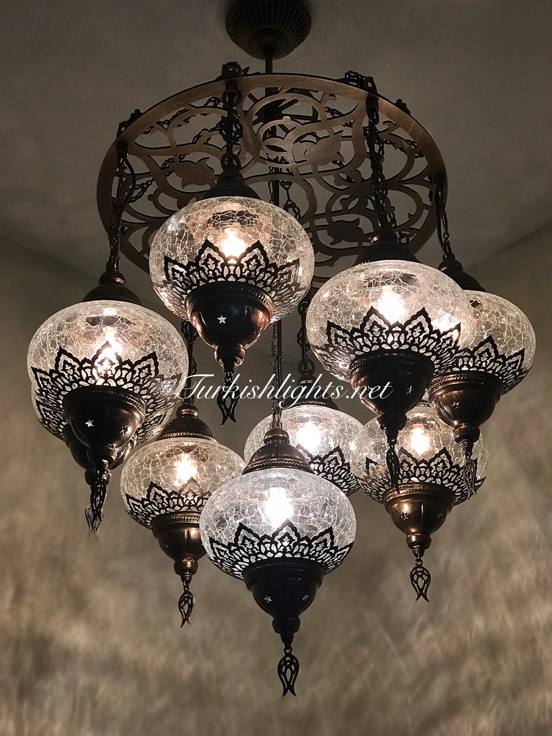9-BALL Turkish Sultan Mosaic Chandelier With (LARGE) GLOBES , id: LZ9C