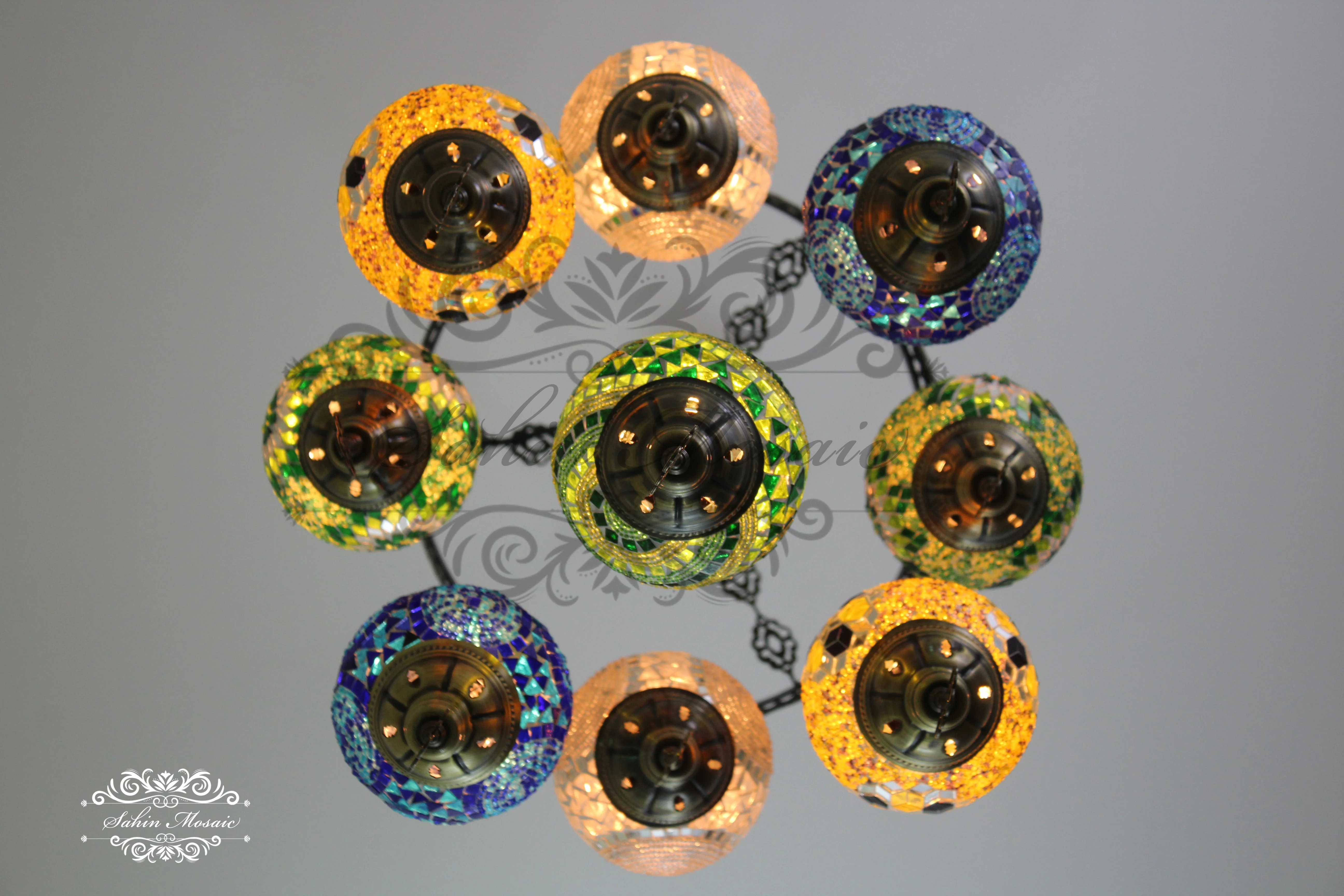 9-BALL TURKISH SULTAN MOSAIC CHANDELIER WITH NO2 (MEDIUM) GLOBES, ID: 9SM-K - Image 4