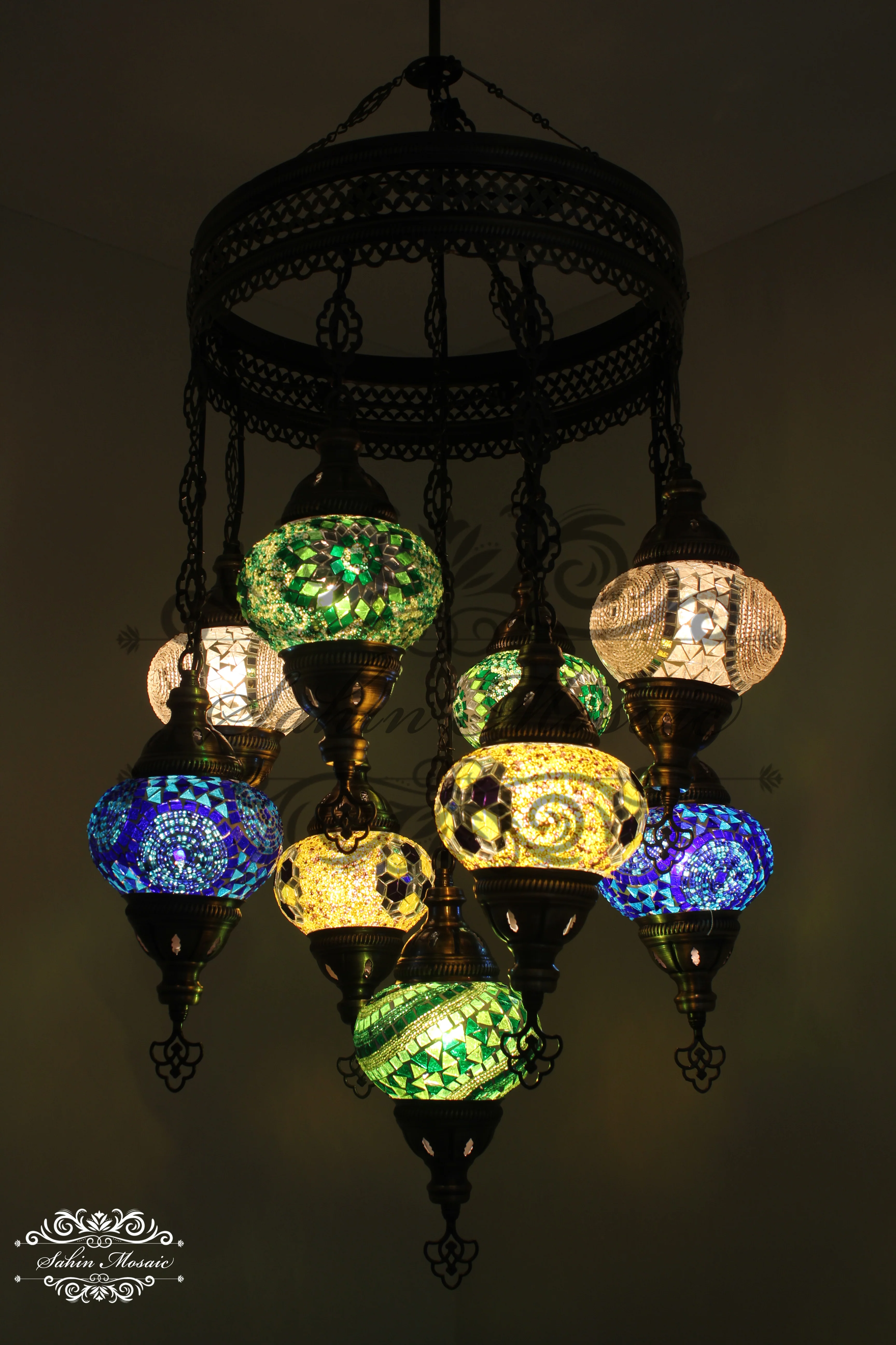 9-BALL TURKISH SULTAN MOSAIC CHANDELIER WITH NO2 (MEDIUM) GLOBES, ID: 9SM-K - Image 5