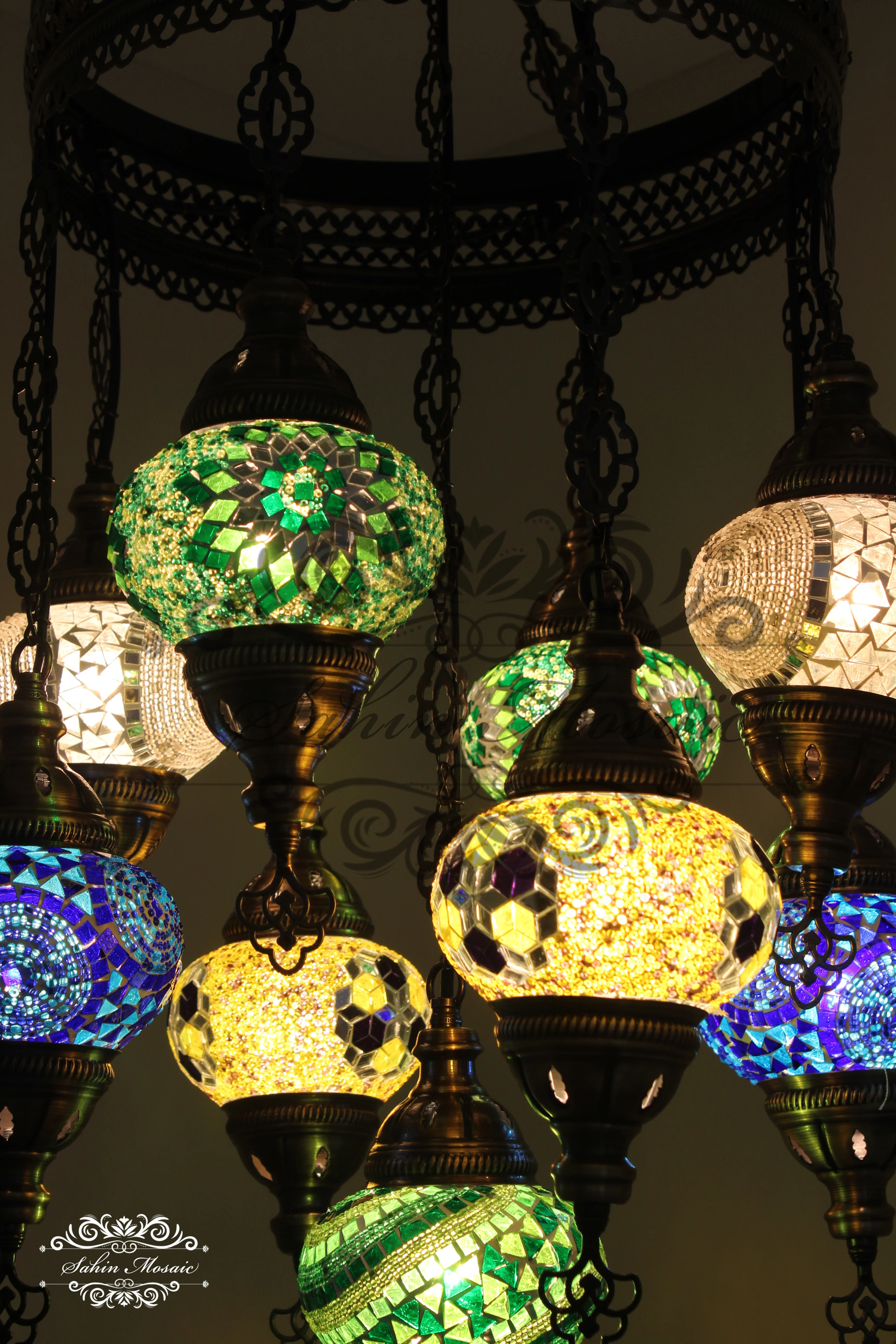 9-BALL TURKISH SULTAN MOSAIC CHANDELIER WITH NO2 (MEDIUM) GLOBES, ID: 9SM-K - Image 6