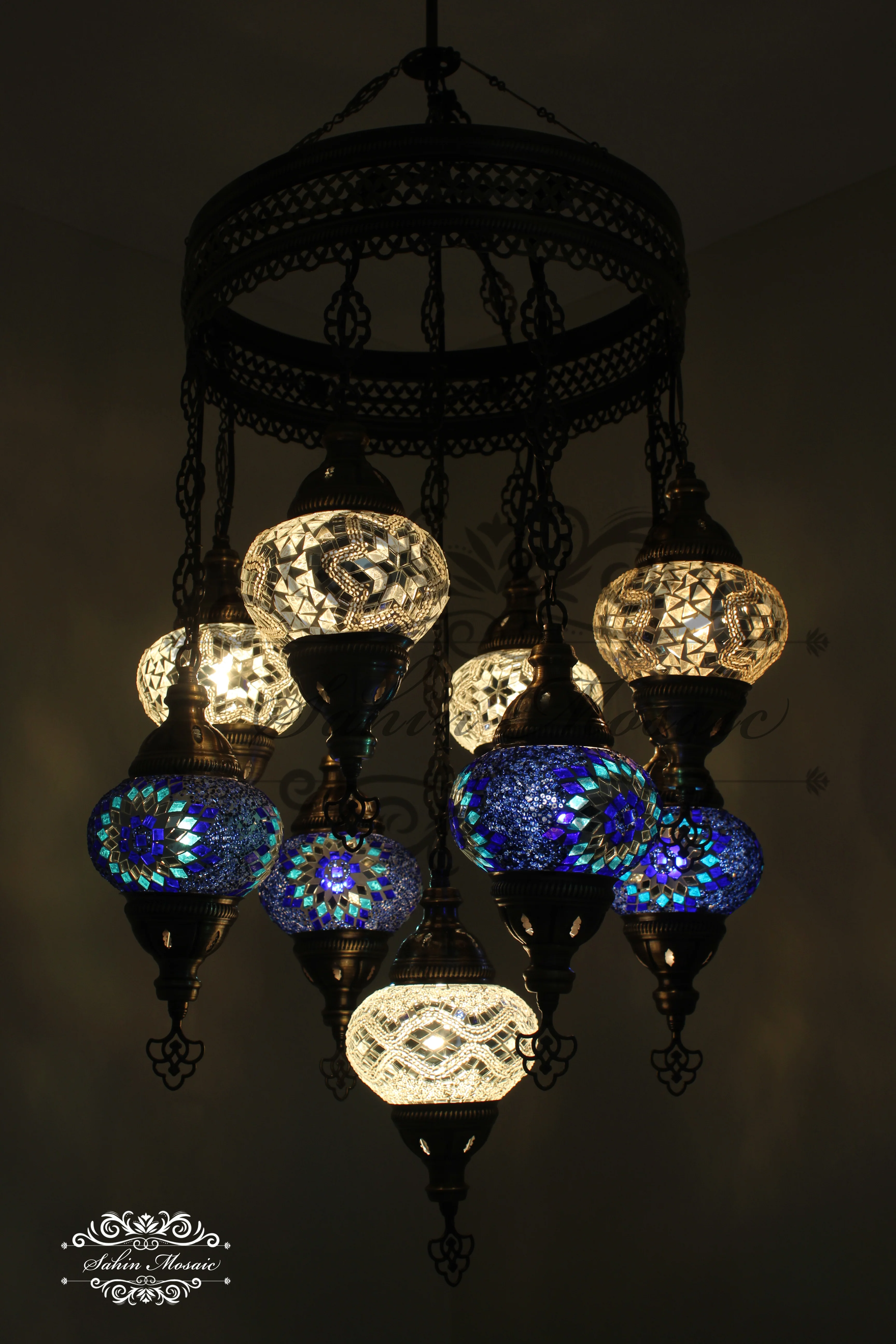 9-Ball Turkish Sultan Mosaic Chandelier - Handmade Medium Globes | ID: 9SM-A - Image 4