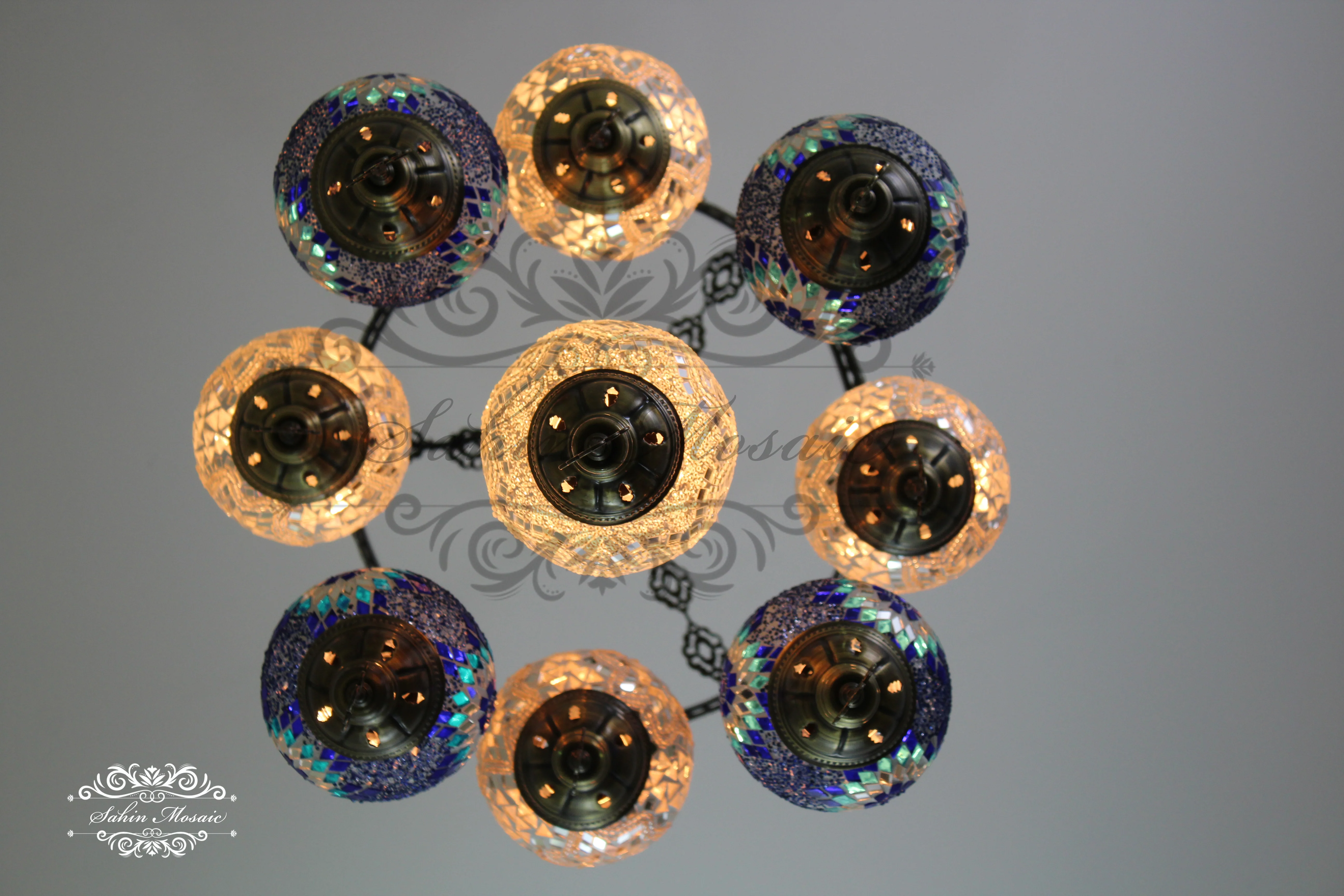 9-Ball Turkish Sultan Mosaic Chandelier - Handmade Medium Globes | ID: 9SM-A - Image 8