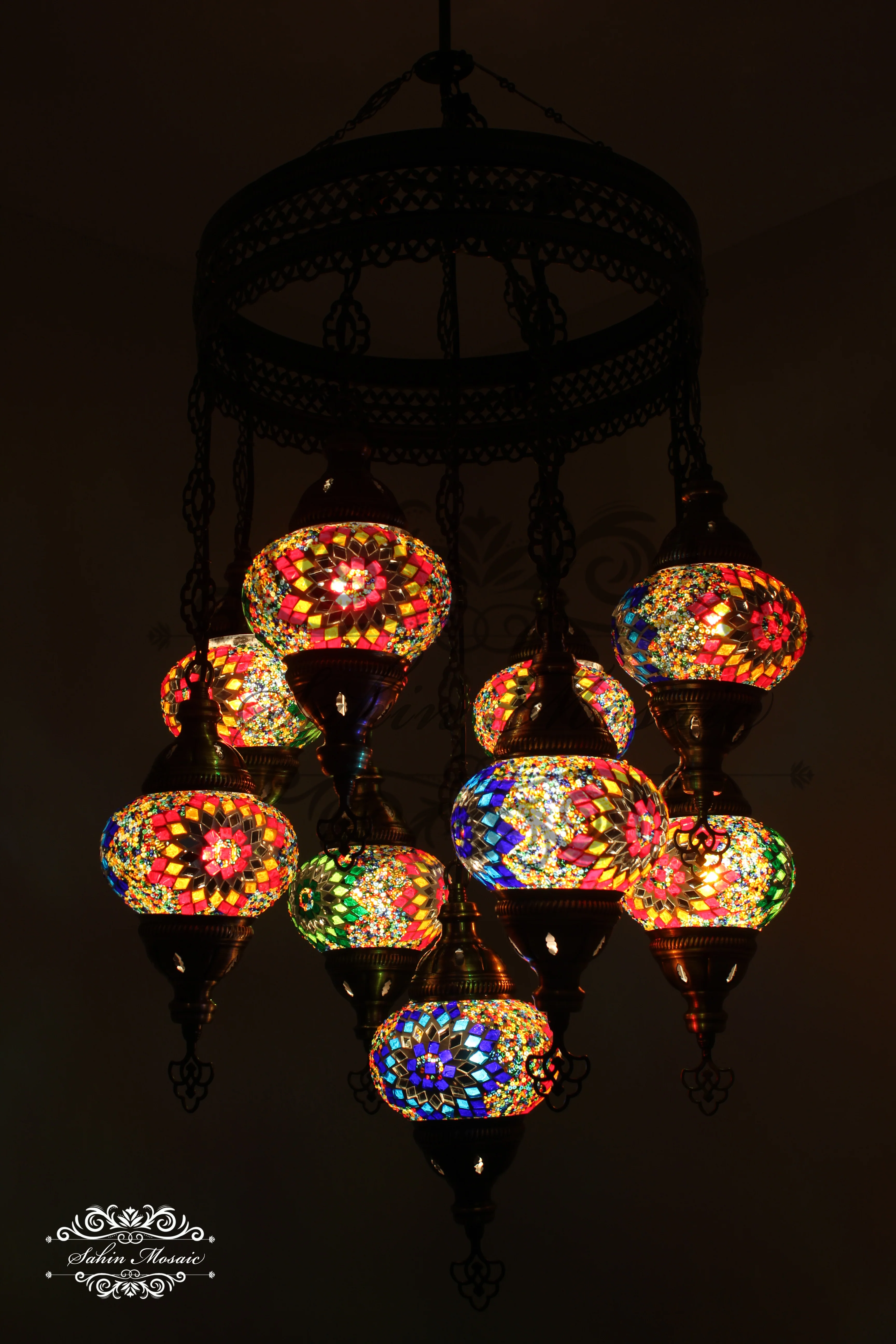 9-Ball Turkish Sultan Mosaic Chandelier - Handmade Medium Globes | ID: 9SM-B - Image 4