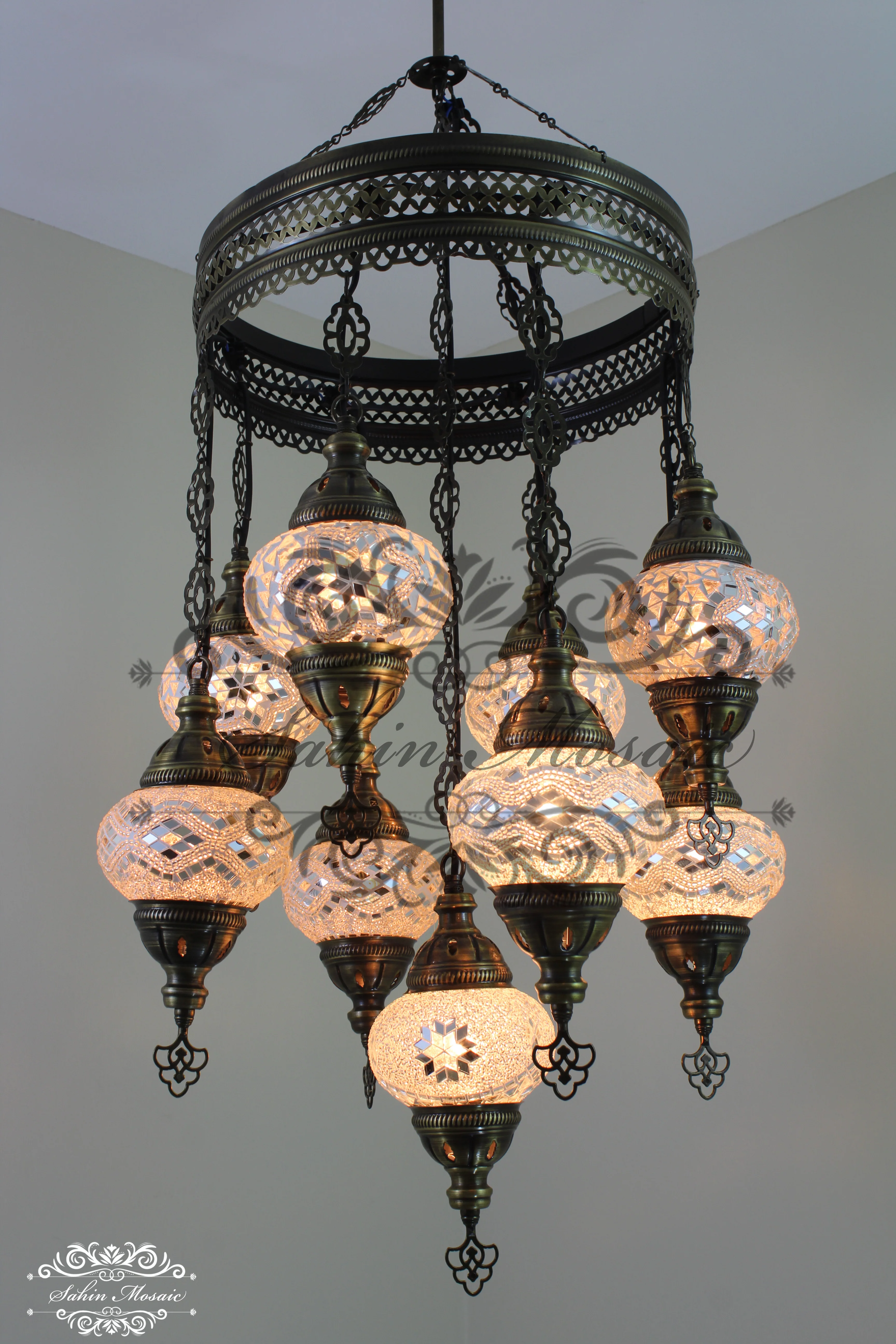 9-Ball Turkish Sultan Mosaic Chandelier - Handmade Medium Globes | ID: 9SM-G