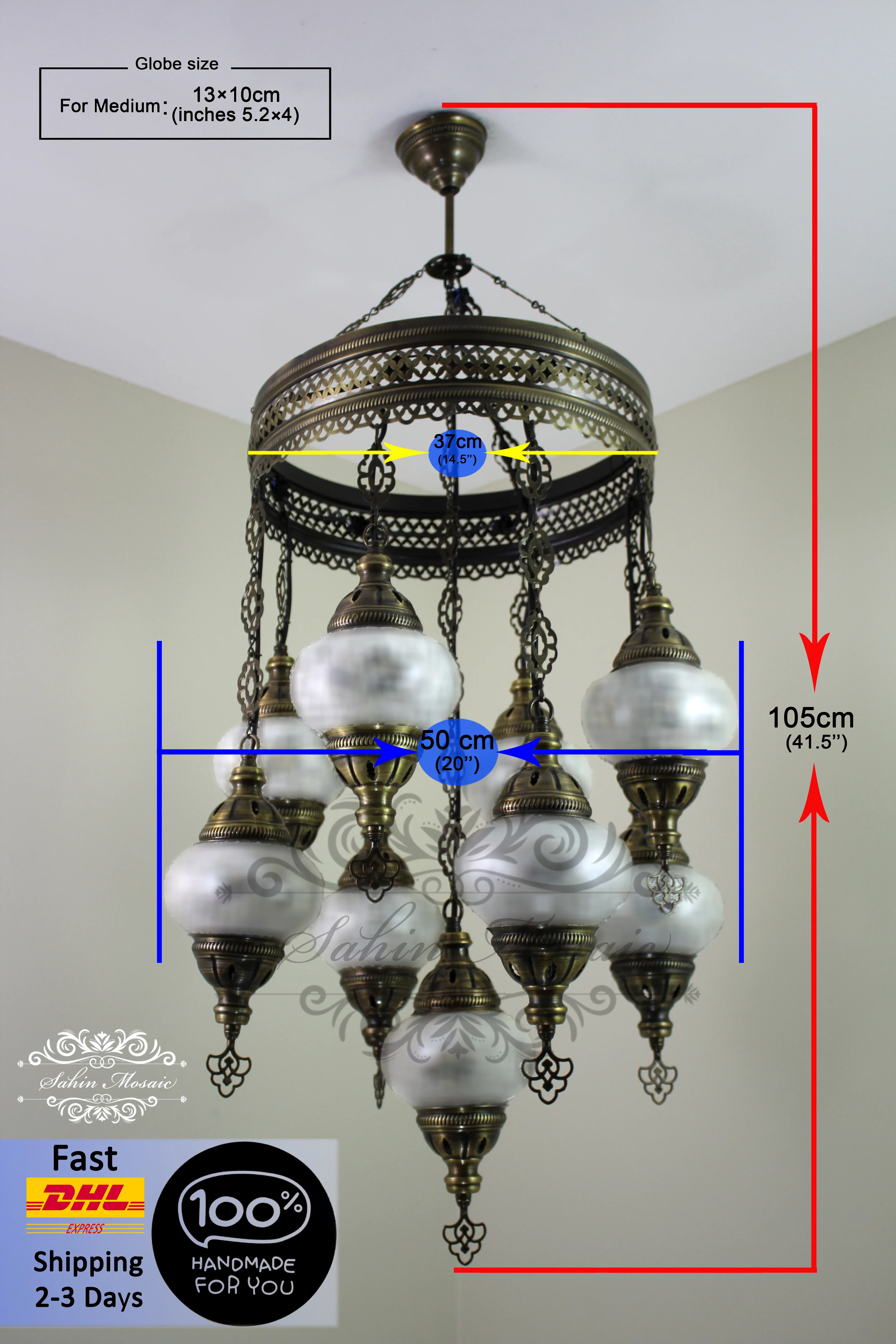 9-Ball Turkish Sultan Mosaic Chandelier - Handmade Medium Globes | ID: 9SM-G - Image 10