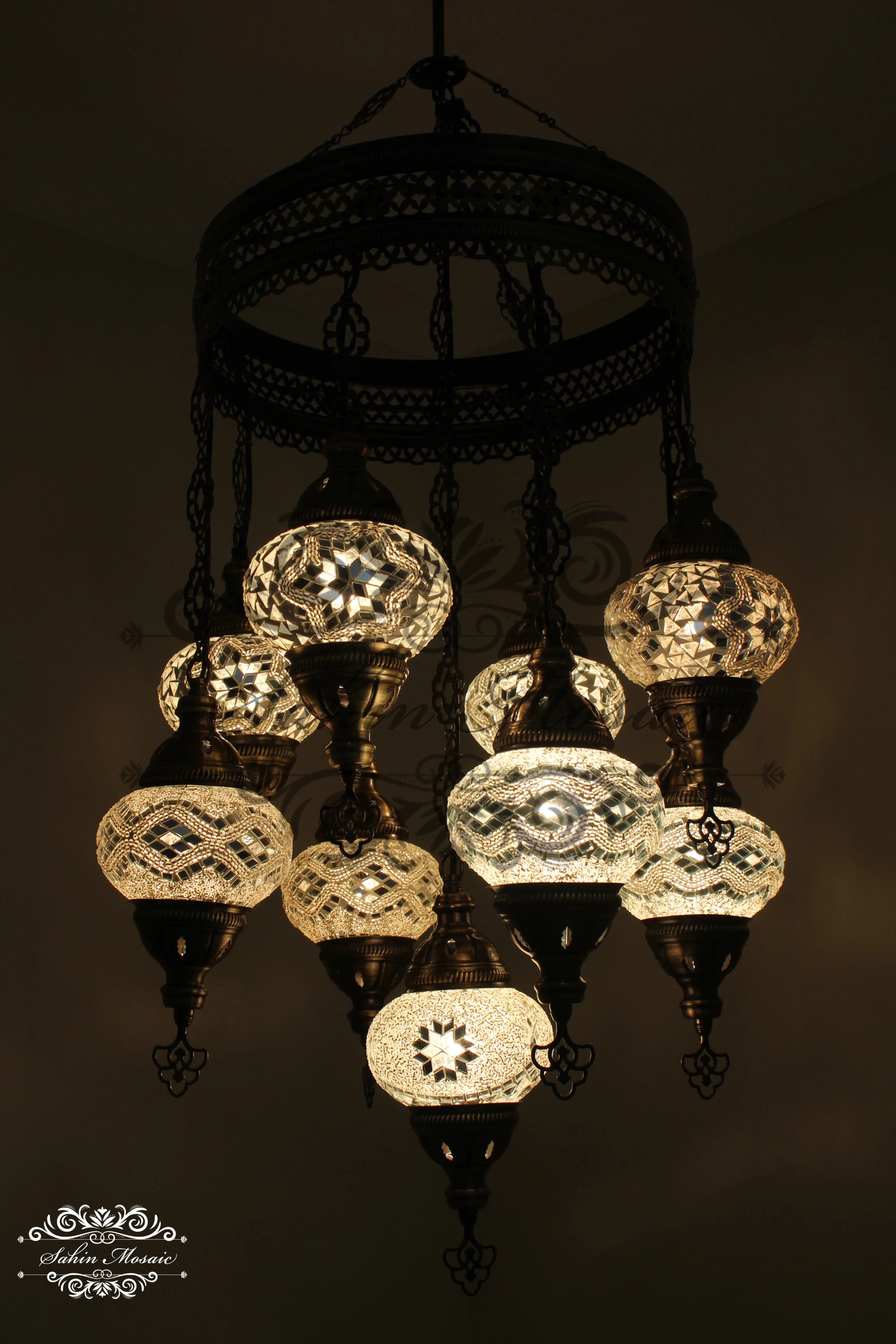 9-Ball Turkish Sultan Mosaic Chandelier - Handmade Medium Globes | ID: 9SM-G - Image 3