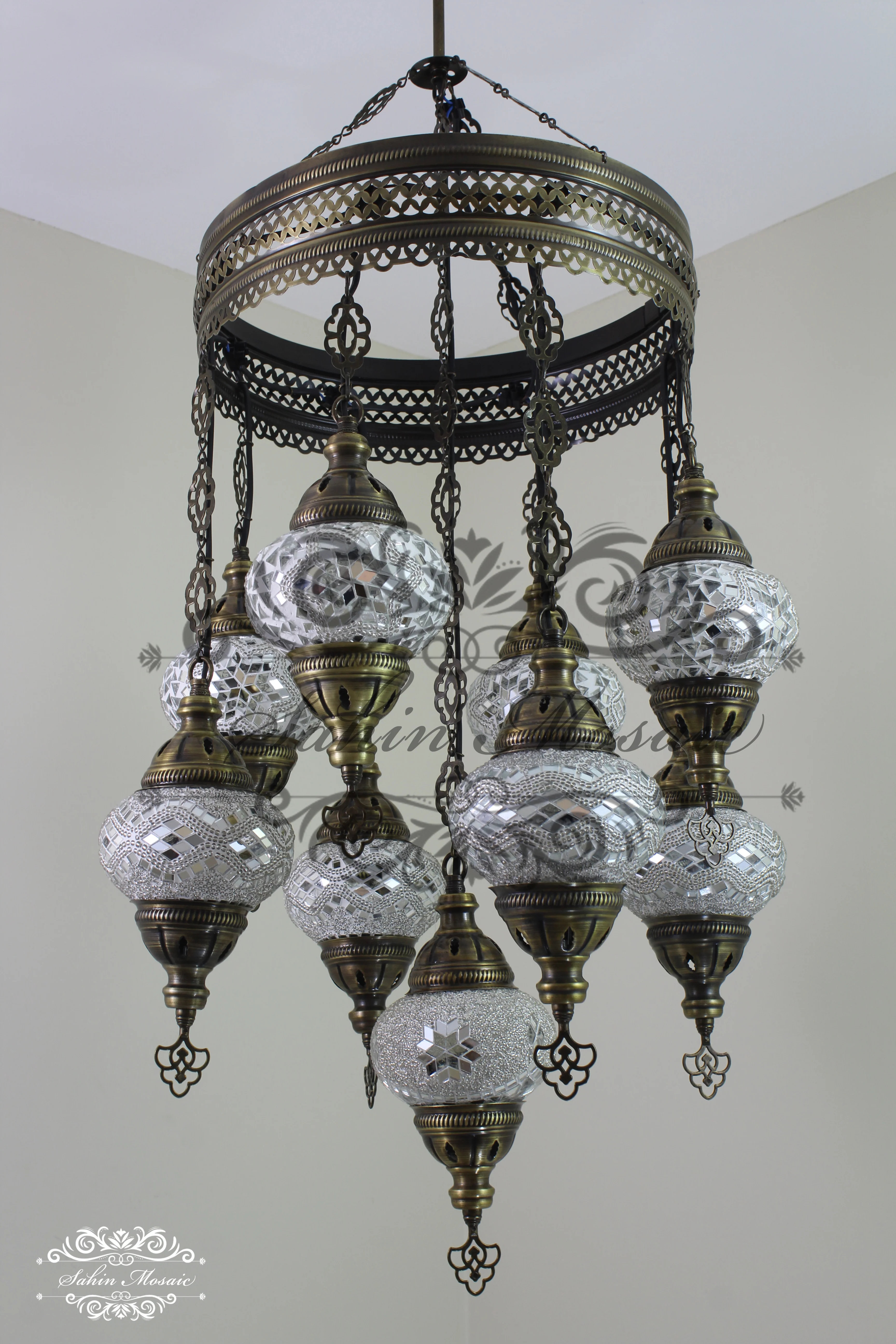 9-Ball Turkish Sultan Mosaic Chandelier - Handmade Medium Globes | ID: 9SM-G - Image 4
