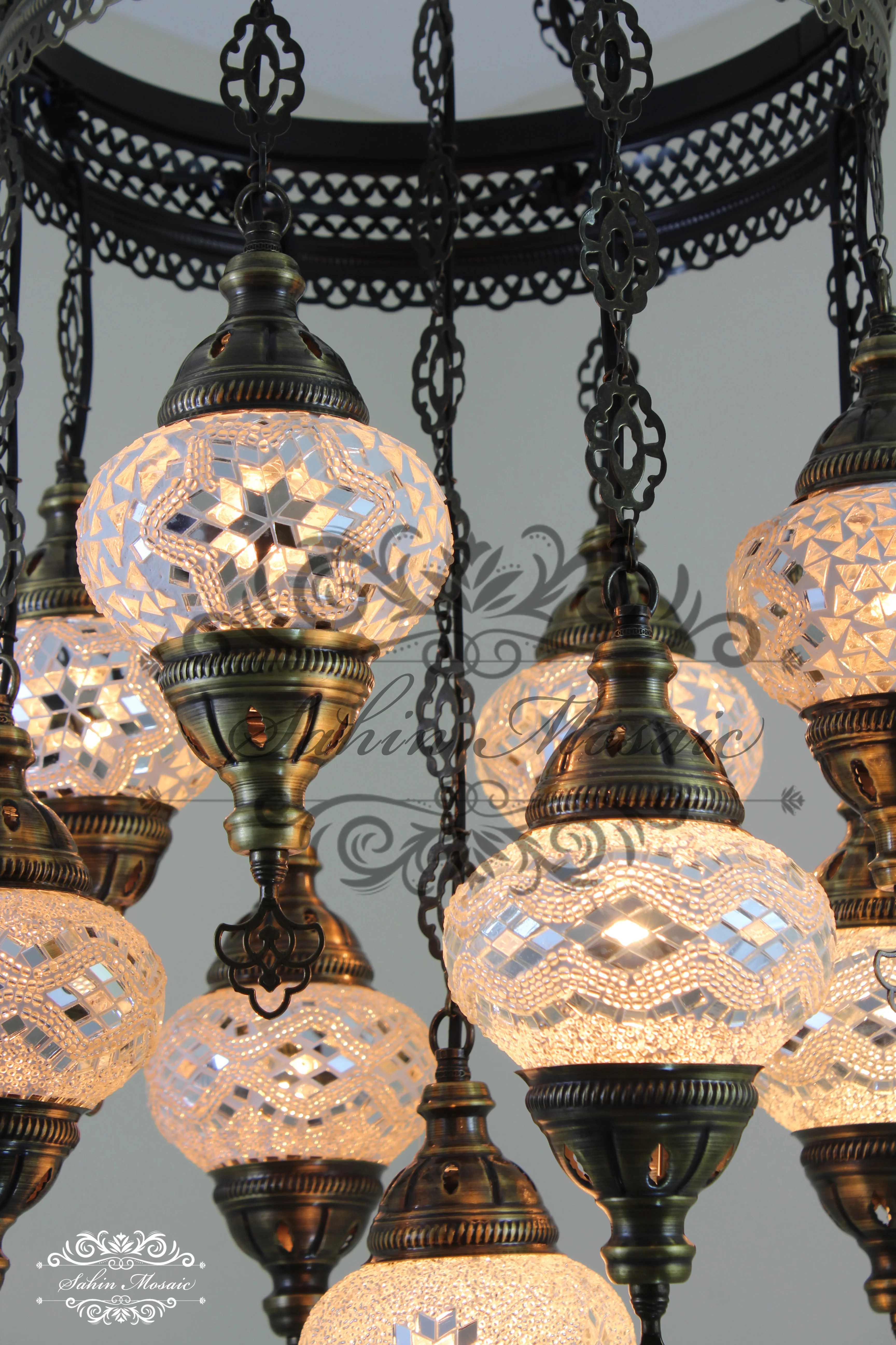 9-Ball Turkish Sultan Mosaic Chandelier - Handmade Medium Globes | ID: 9SM-G - Image 5