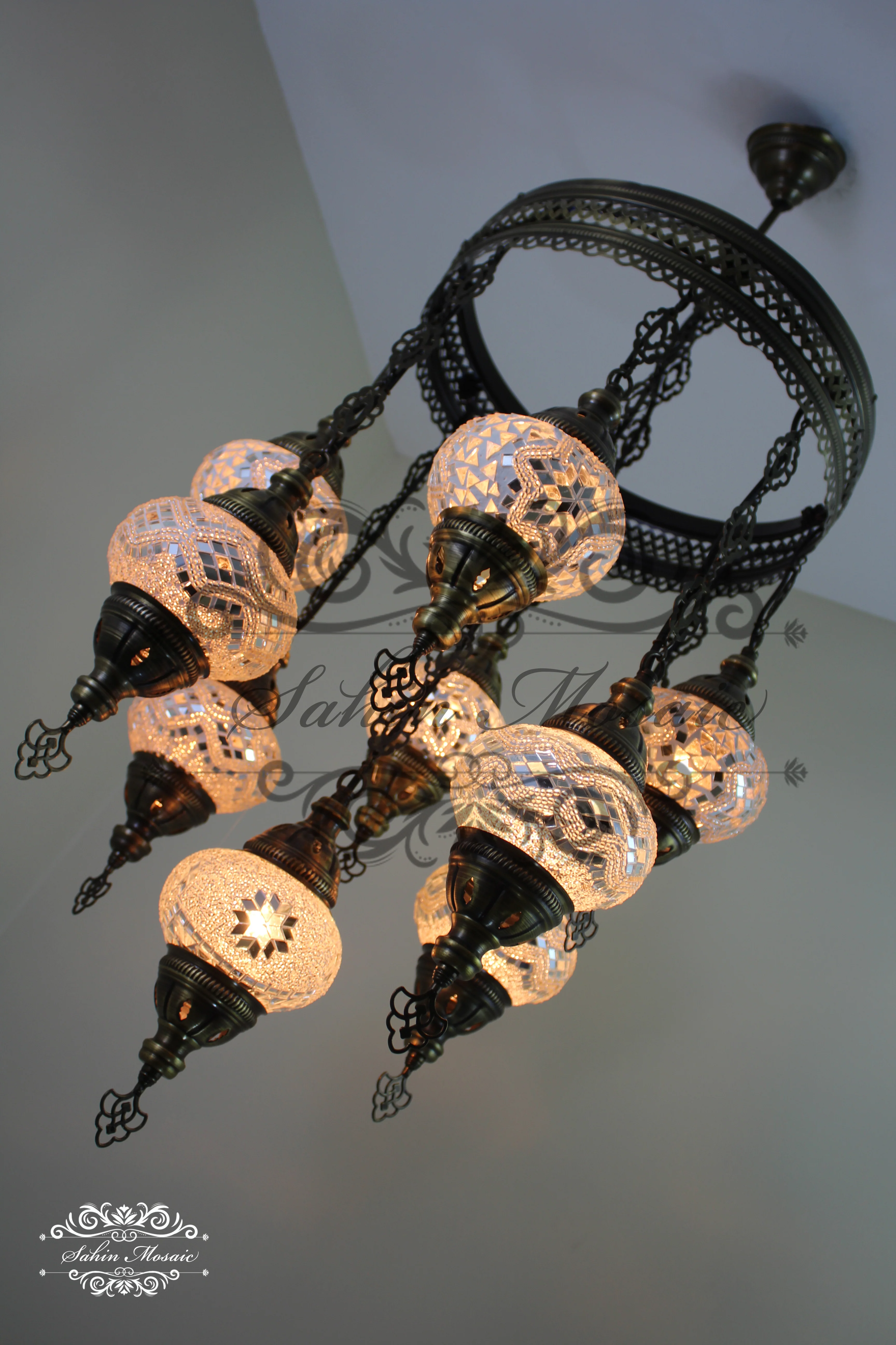9-Ball Turkish Sultan Mosaic Chandelier - Handmade Medium Globes | ID: 9SM-G - Image 8