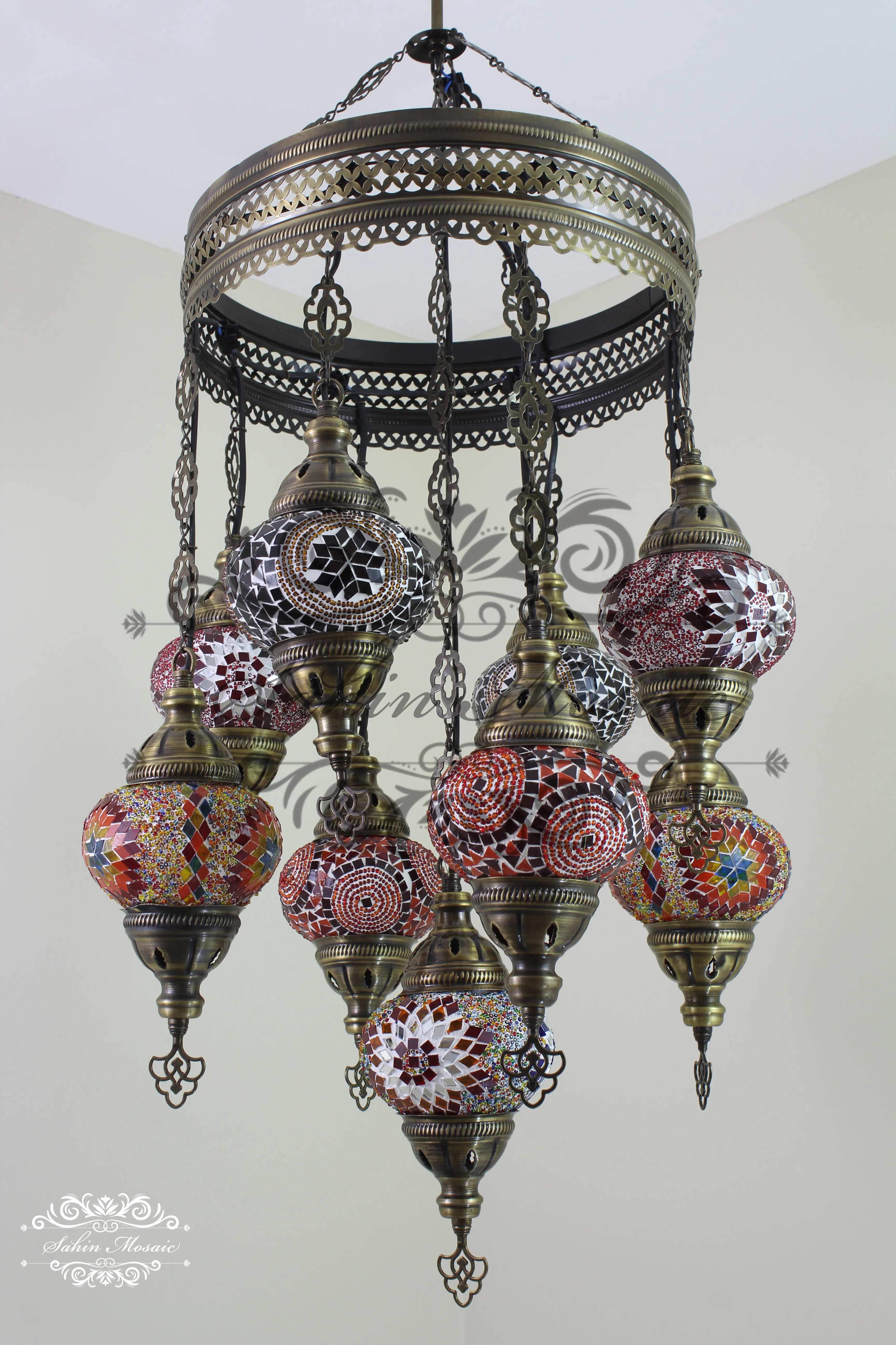 9-Ball Turkish Sultan Mosaic Chandelier - Handmade Medium Globes | ID: 9SM-H
