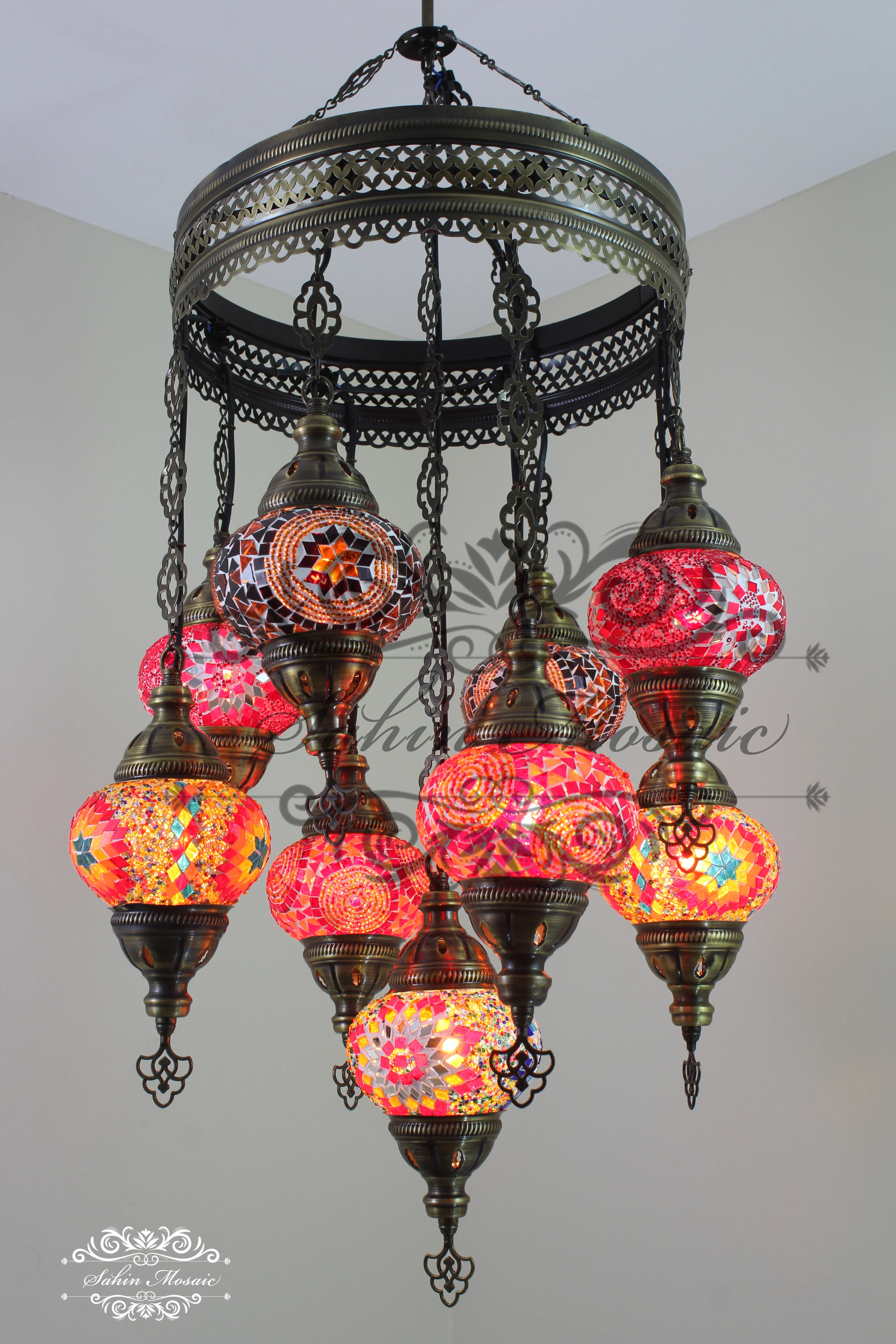9-Ball Turkish Sultan Mosaic Chandelier - Handmade Medium Globes | ID: 9SM-H - Image 2