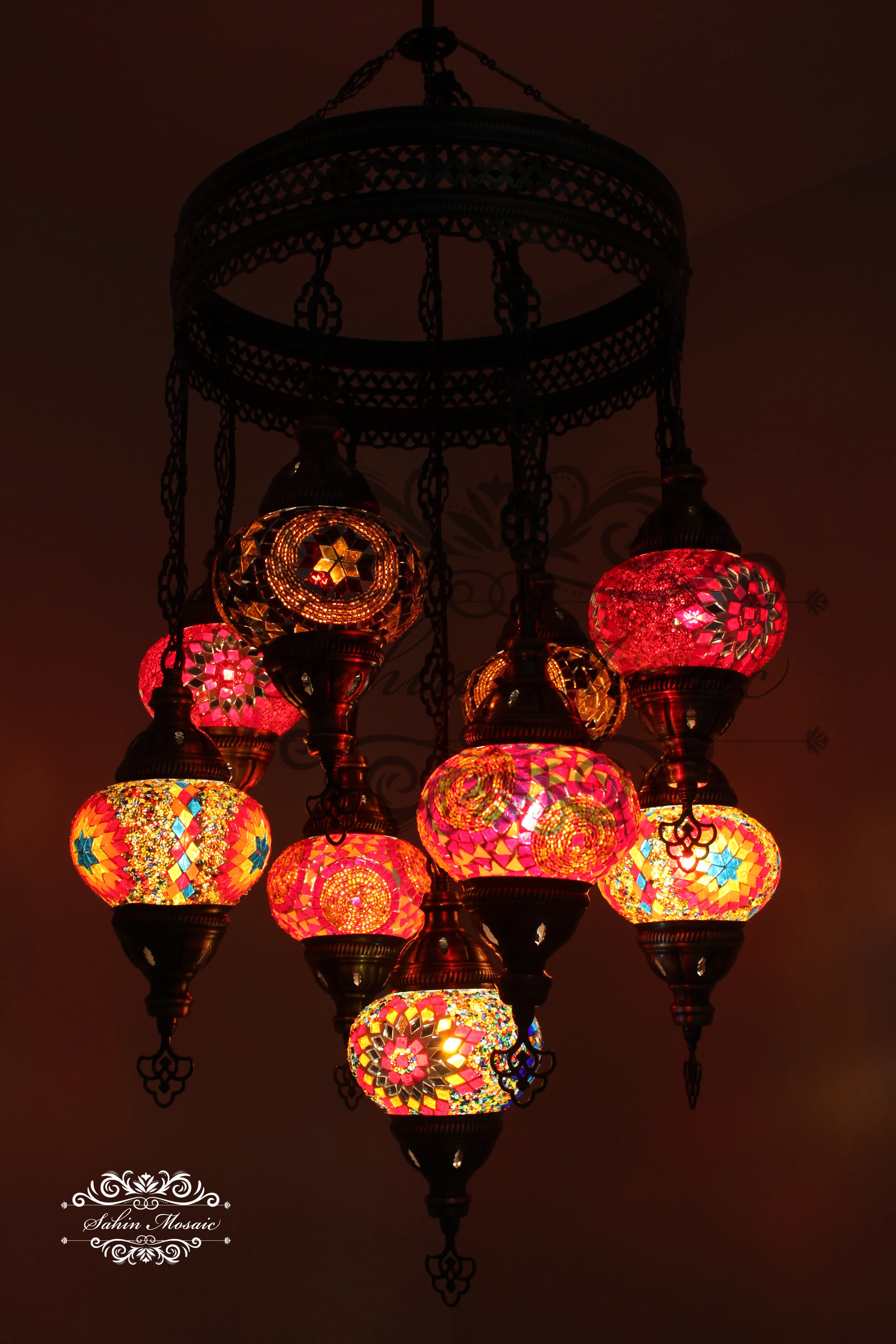 9-Ball Turkish Sultan Mosaic Chandelier - Handmade Medium Globes | ID: 9SM-H - Image 3