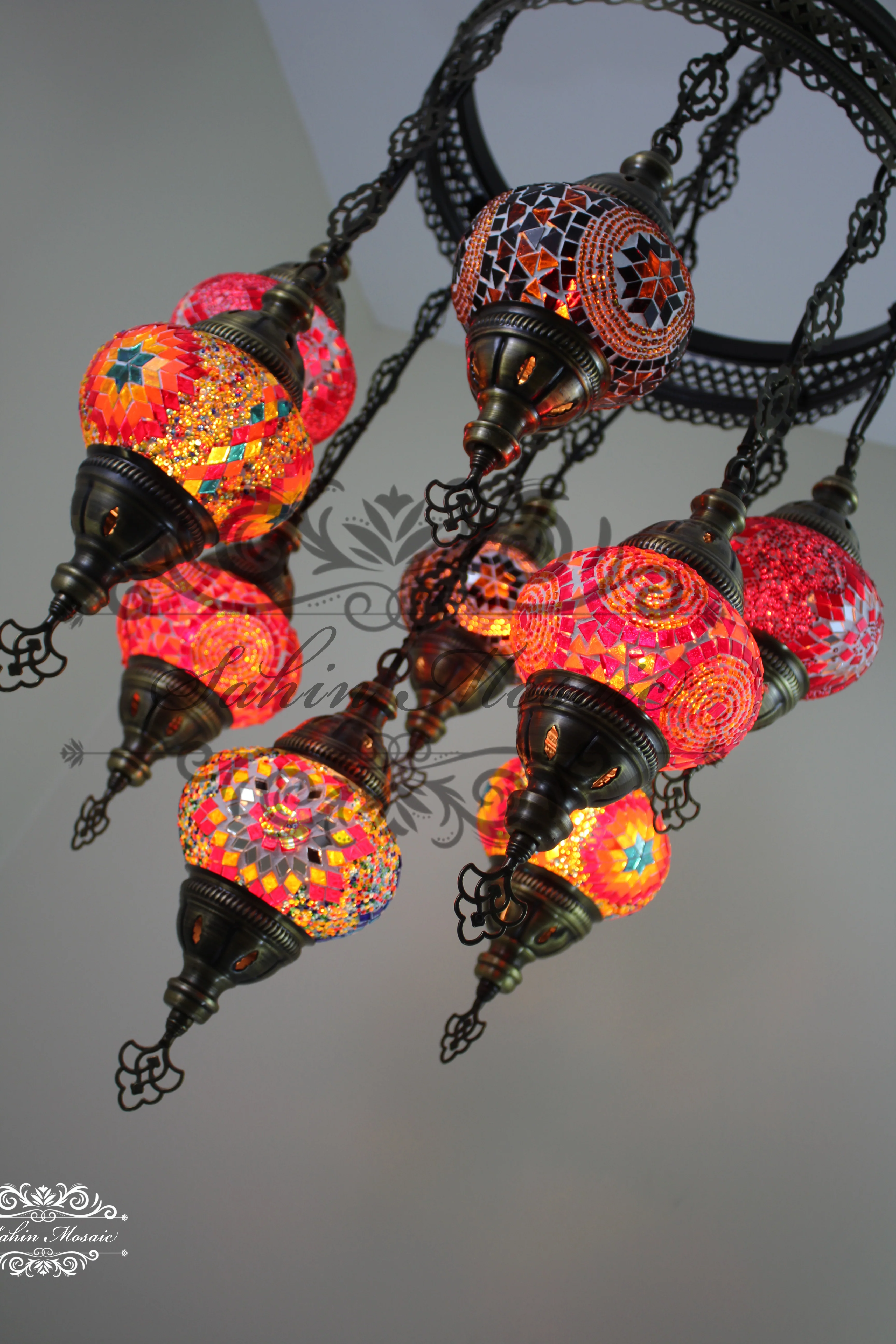 9-Ball Turkish Sultan Mosaic Chandelier - Handmade Medium Globes | ID: 9SM-H - Image 7