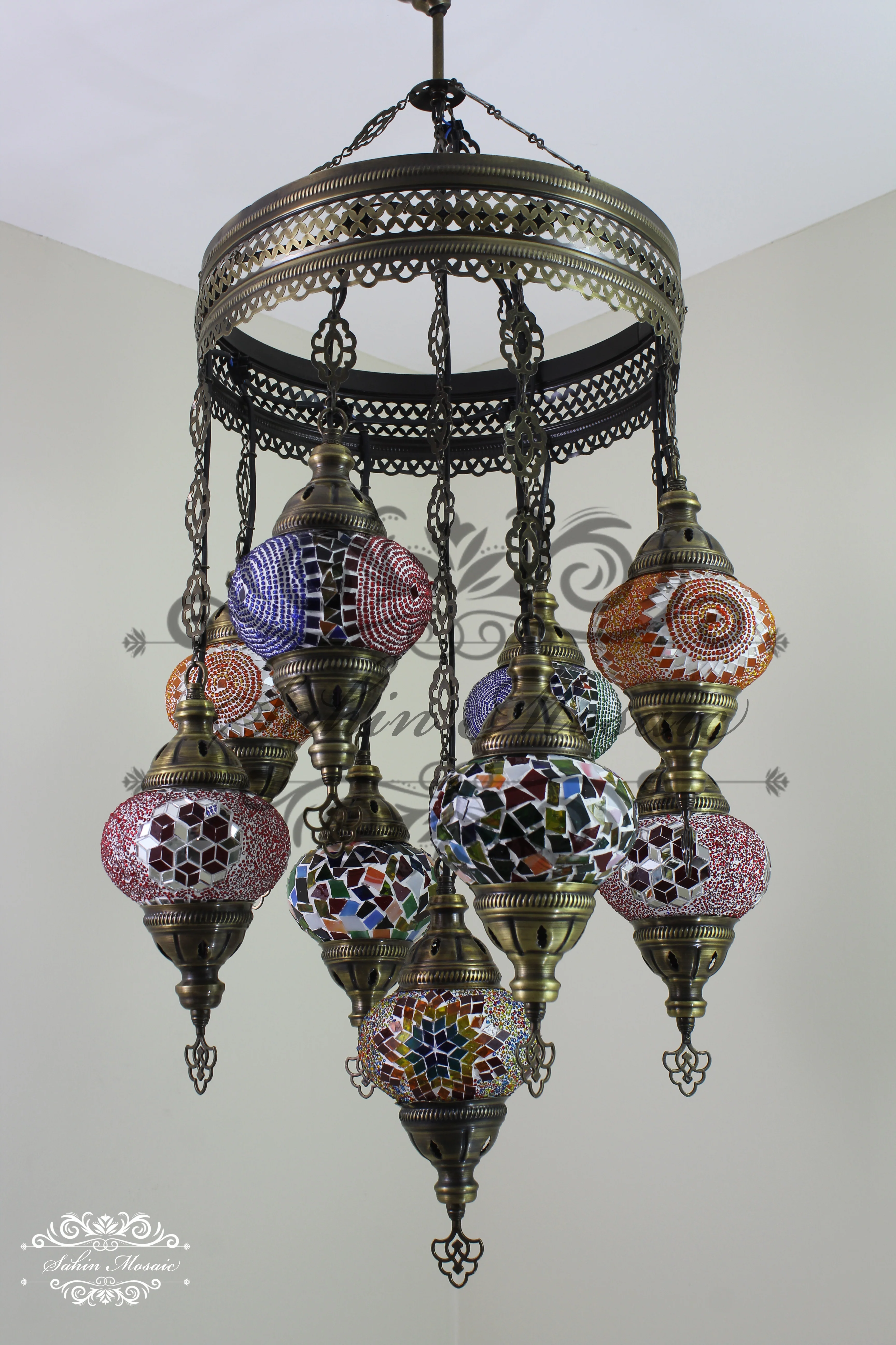 9-Ball Turkish Sultan Mosaic Chandelier - Handmade Medium Globes | ID: 9SM-I - Image 3