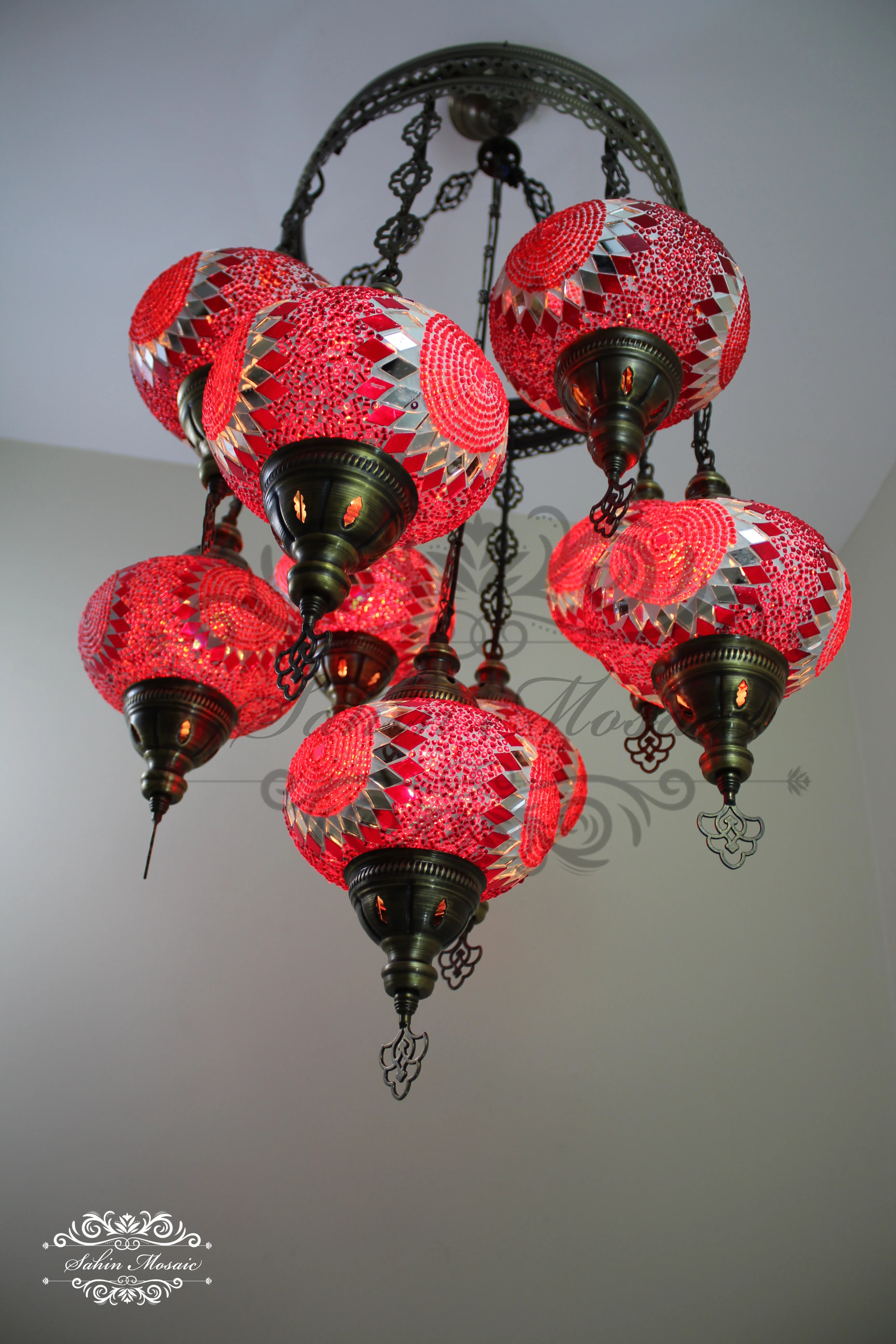 9-Ball Turkish Sultan Mosaic Chandelier - Handmade Large Globes | ID: 9SL-F - Image 7