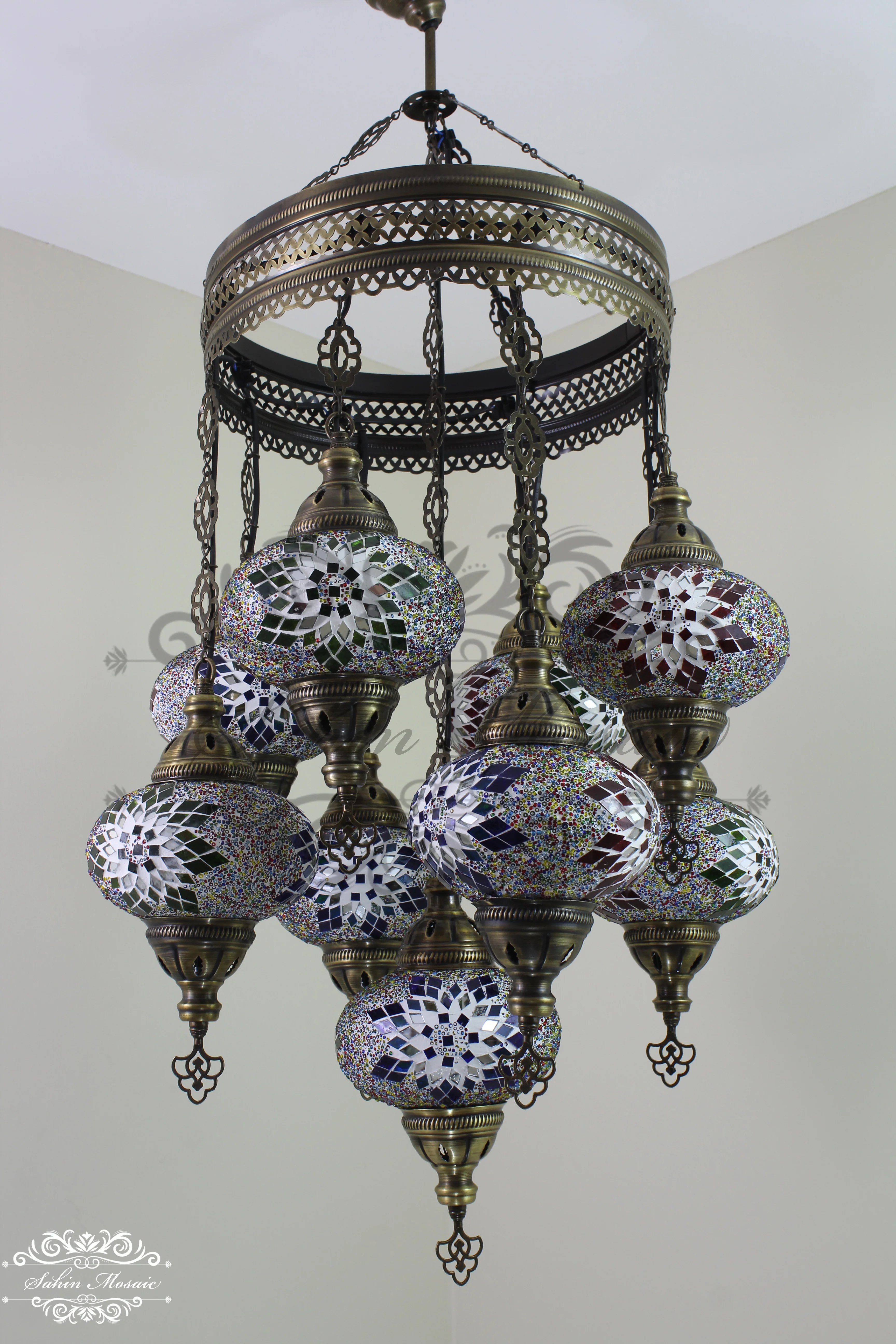 9-Ball Turkish Sultan Mosaic Chandelier - Handmade Large Globes | ID: 9SL-H - Image 3