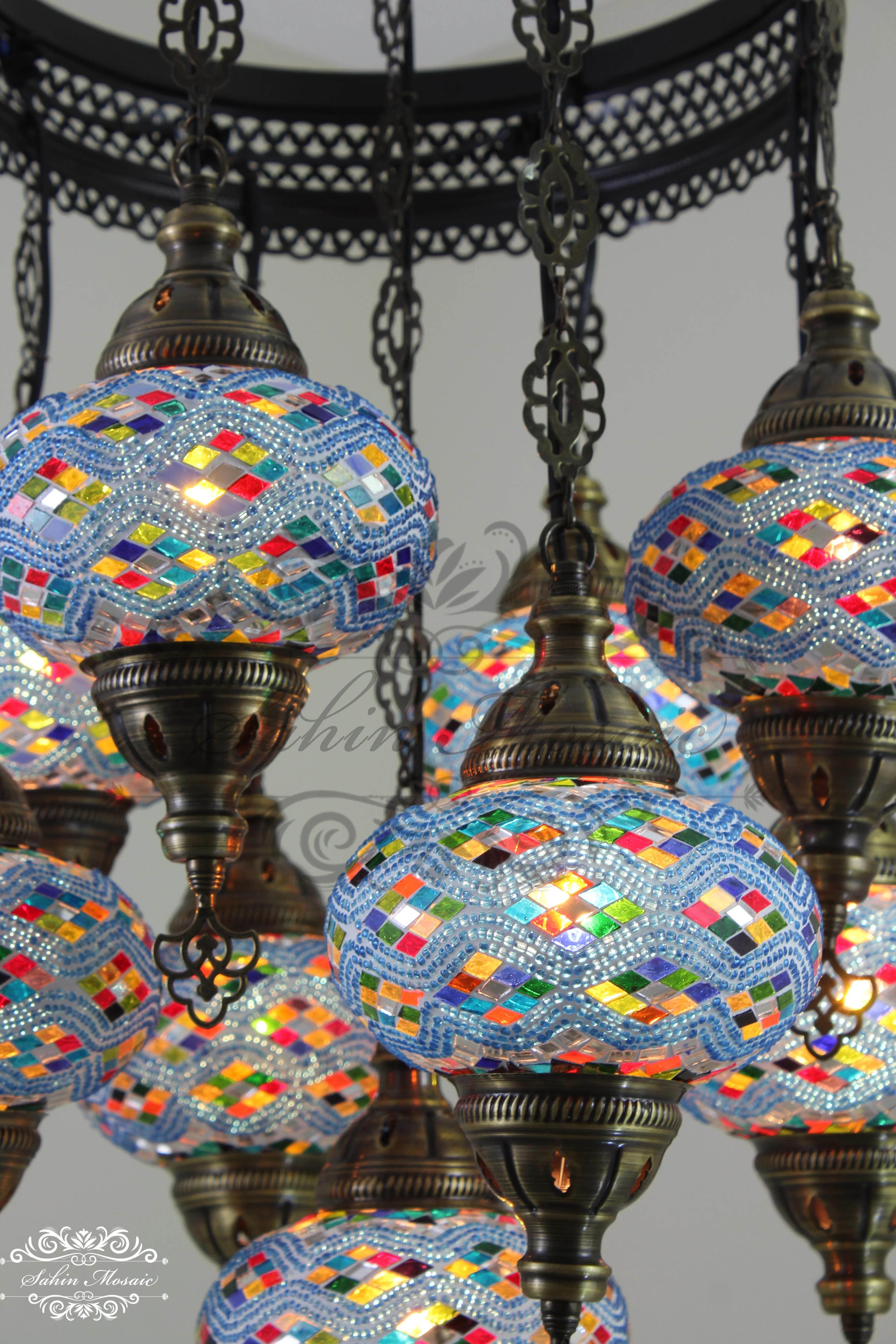 9-Ball Turkish Sultan Mosaic Chandelier - Handmade Large Globes | ID: 9SL-D