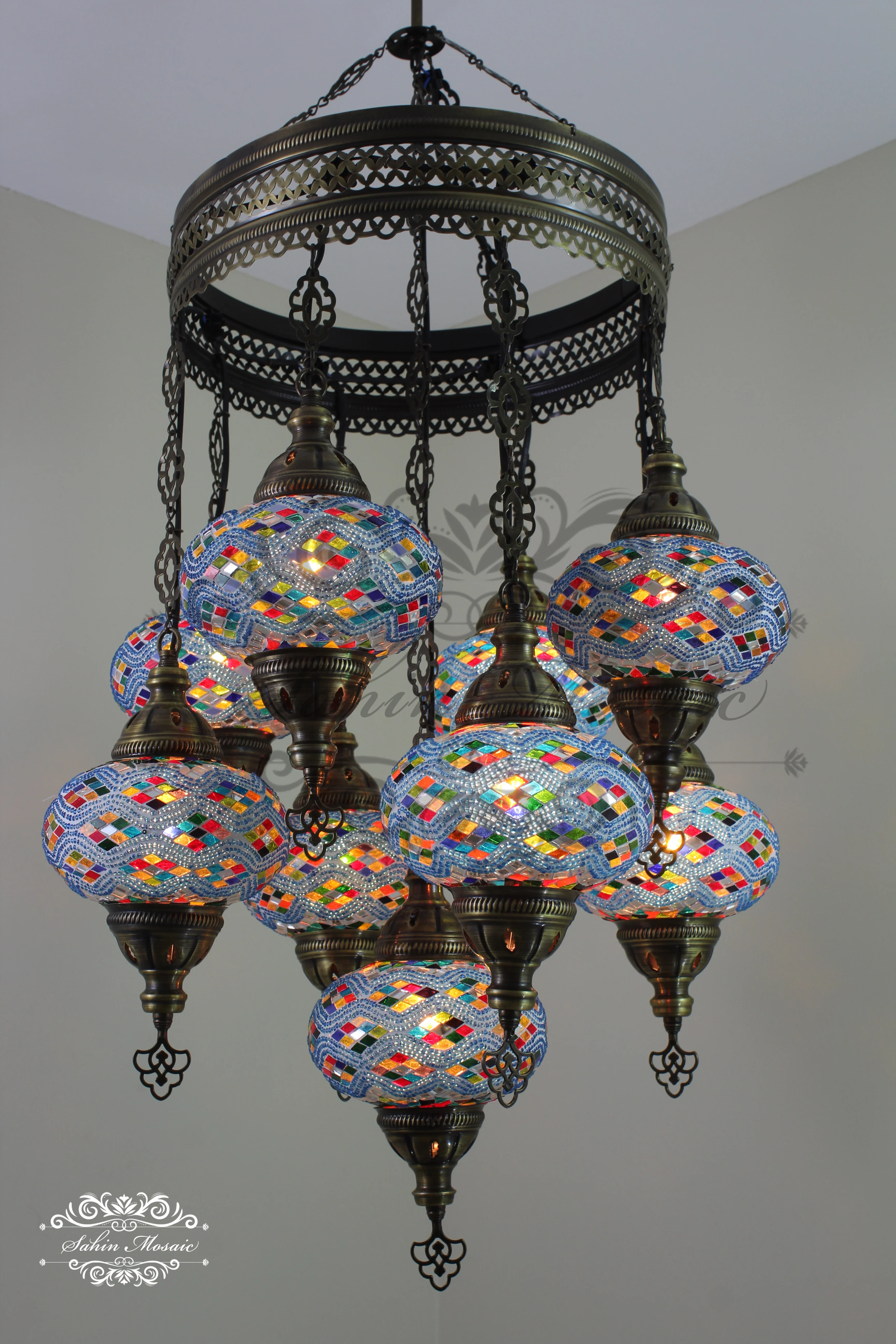 9-Ball Turkish Sultan Mosaic Chandelier - Handmade Large Globes | ID: 9SL-D - Image 2
