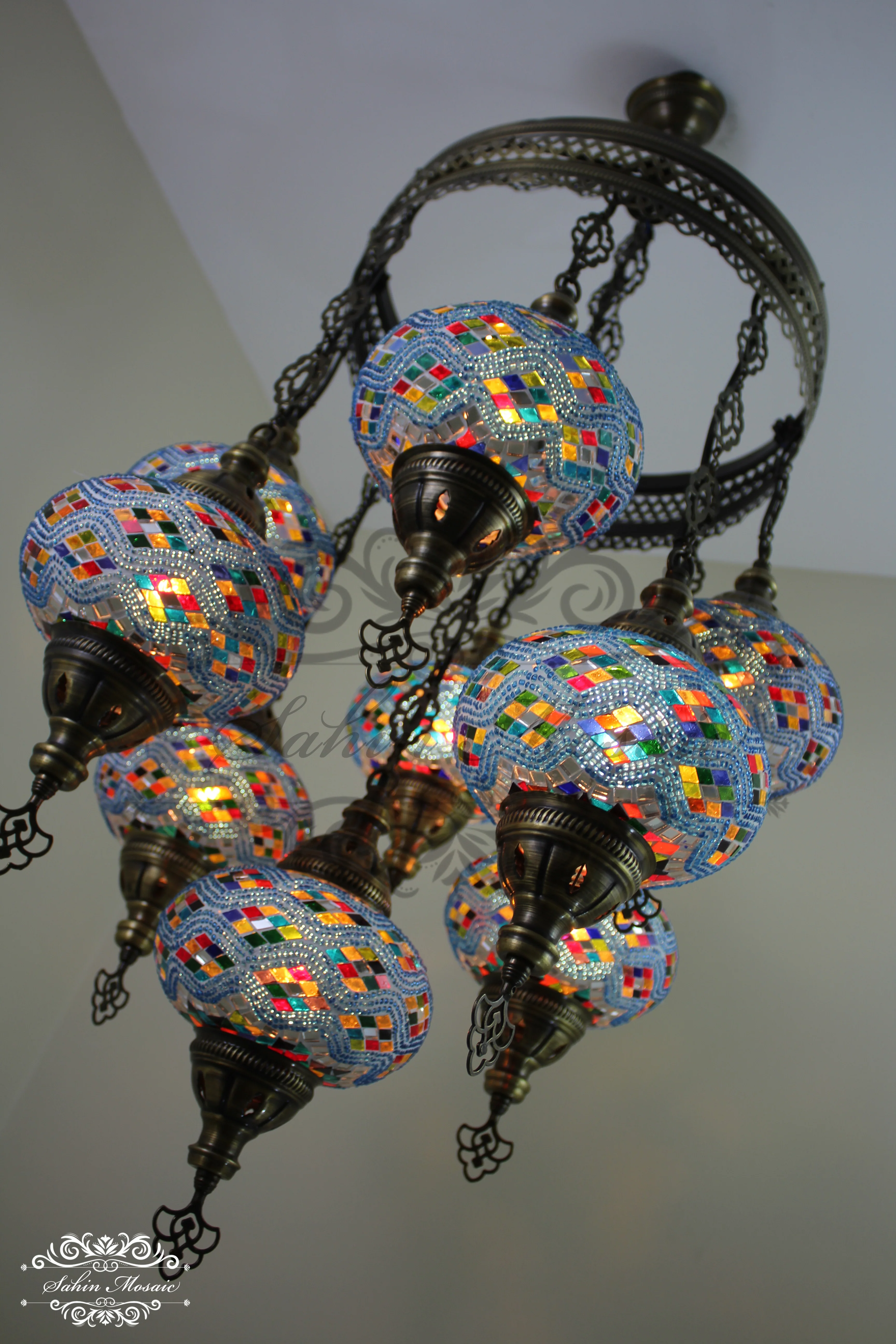 9-Ball Turkish Sultan Mosaic Chandelier - Handmade Large Globes | ID: 9SL-D - Image 5