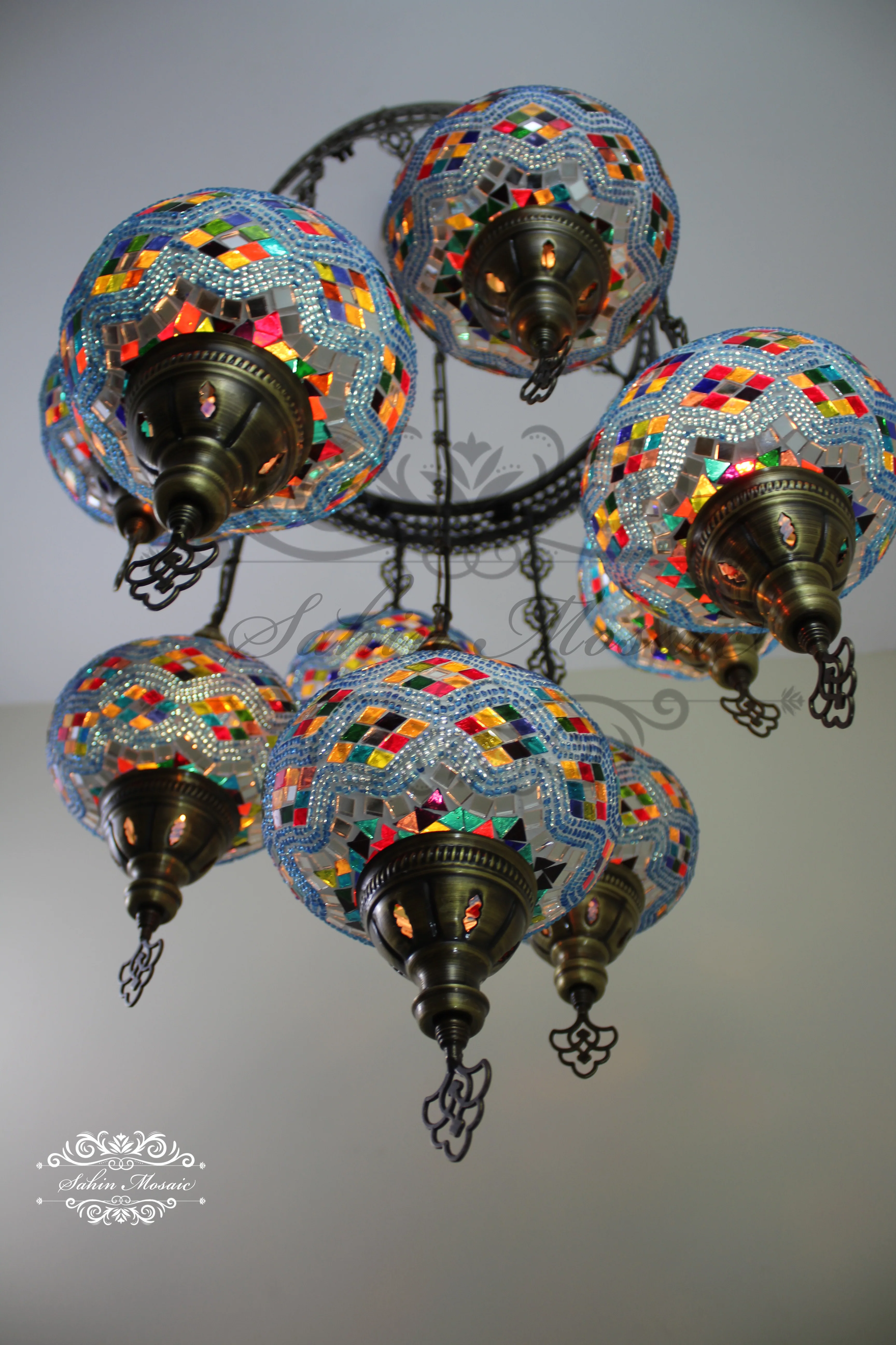9-Ball Turkish Sultan Mosaic Chandelier - Handmade Large Globes | ID: 9SL-D - Image 7
