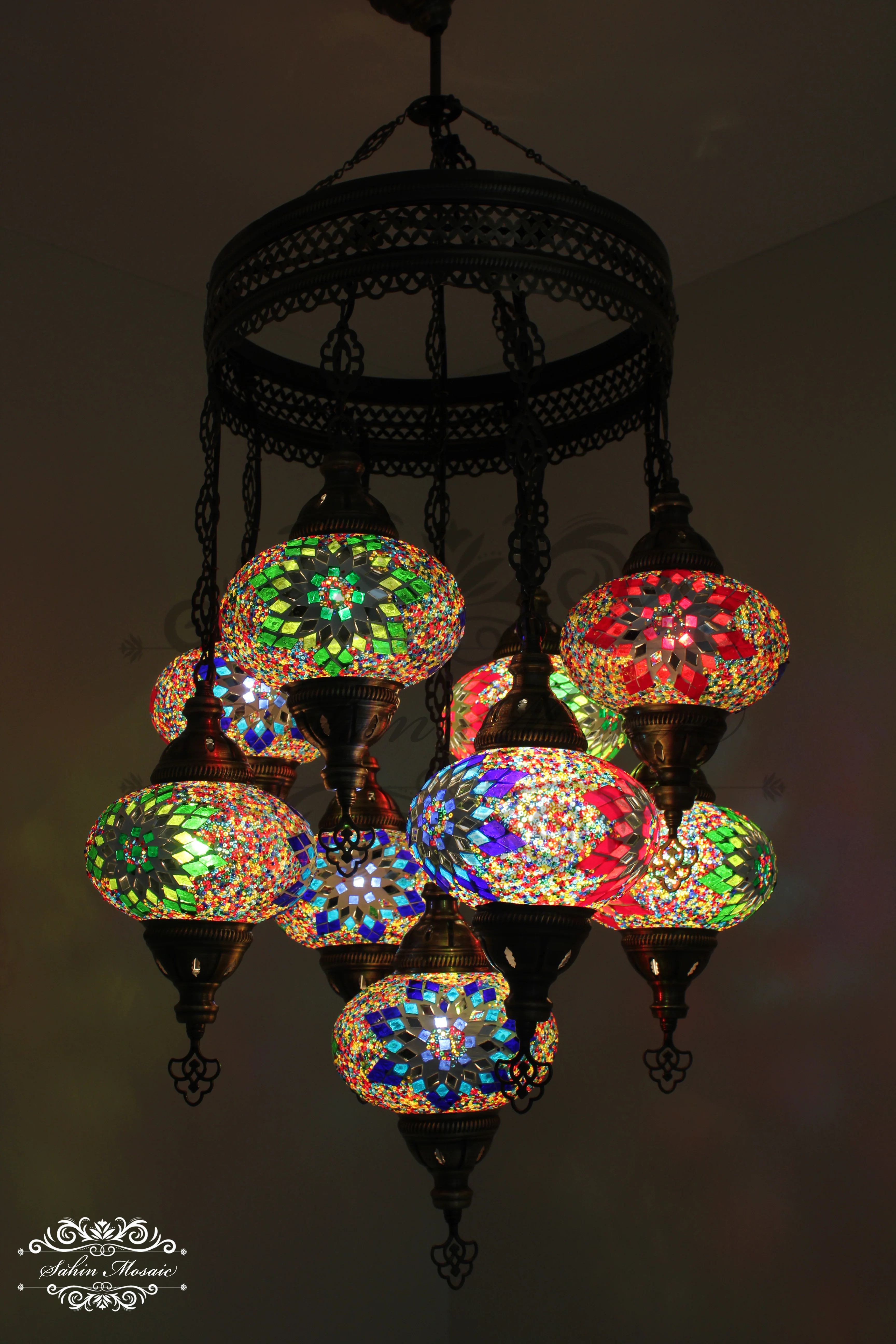 9-Ball Turkish Sultan Mosaic Chandelier - Handmade Large Globes | ID: 9SL-H - Image 4